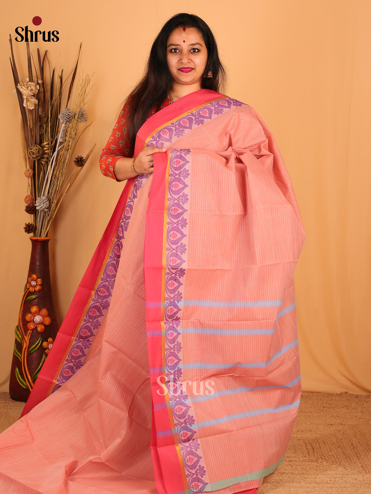 Peachish Pink & Pink - South Cotton Saree - Shop on Shrus.com
