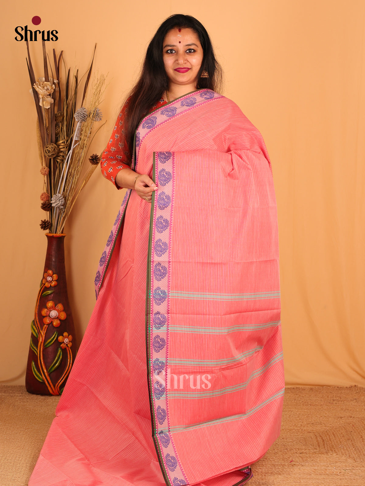 Peachish Pink- South Cotton Saree - Shop on Shrus.com