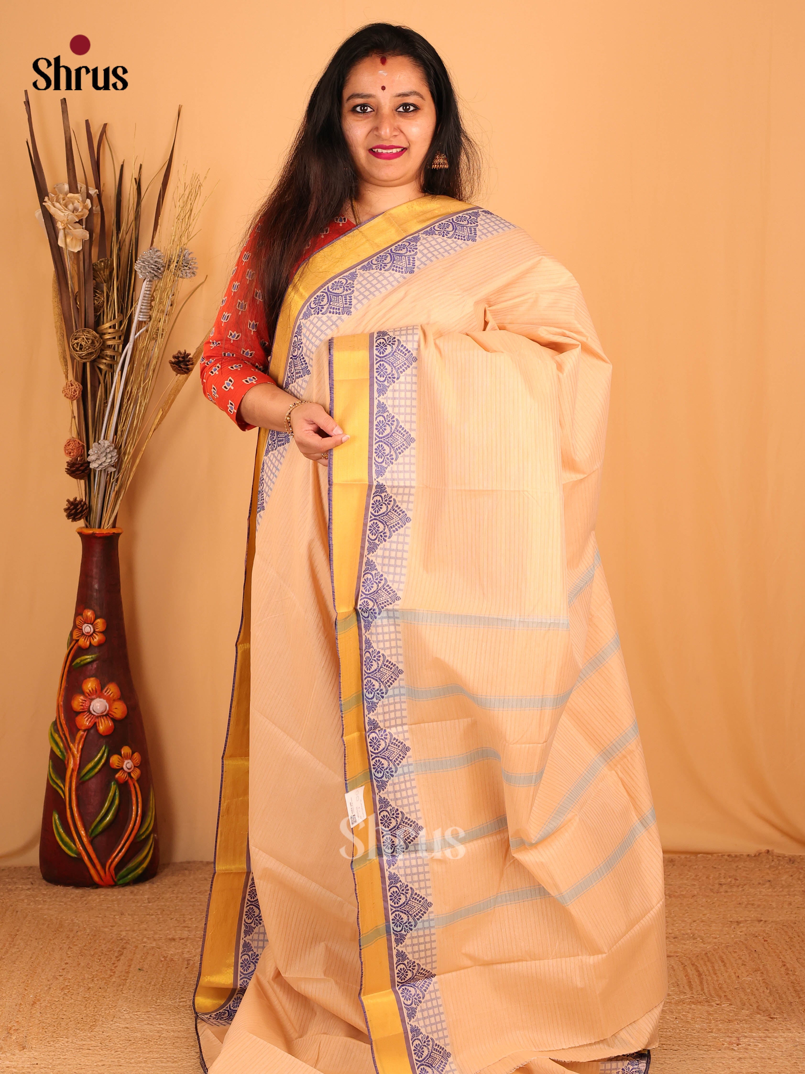 Cream & Yellow - South Cotton Saree - Shop on Shrus.com