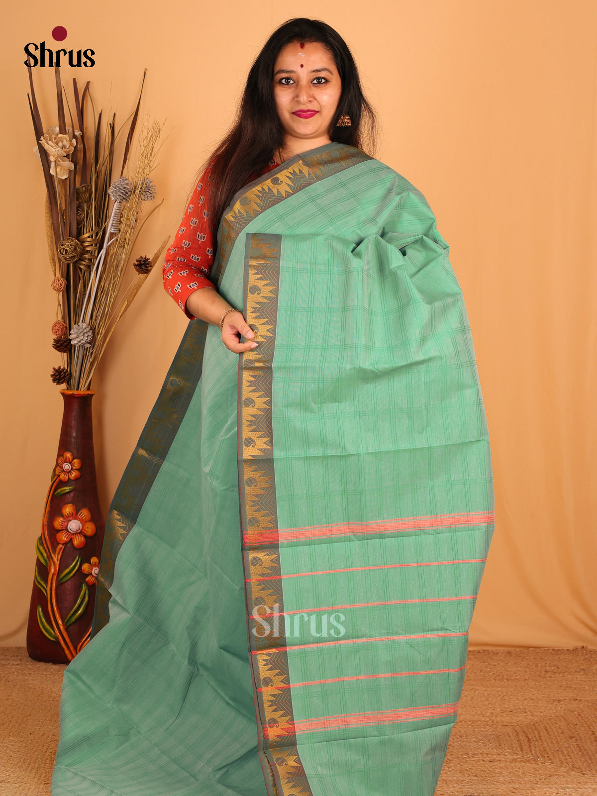 Pastel Green & grey - South Cotton Saree - Shop on Shrus.com