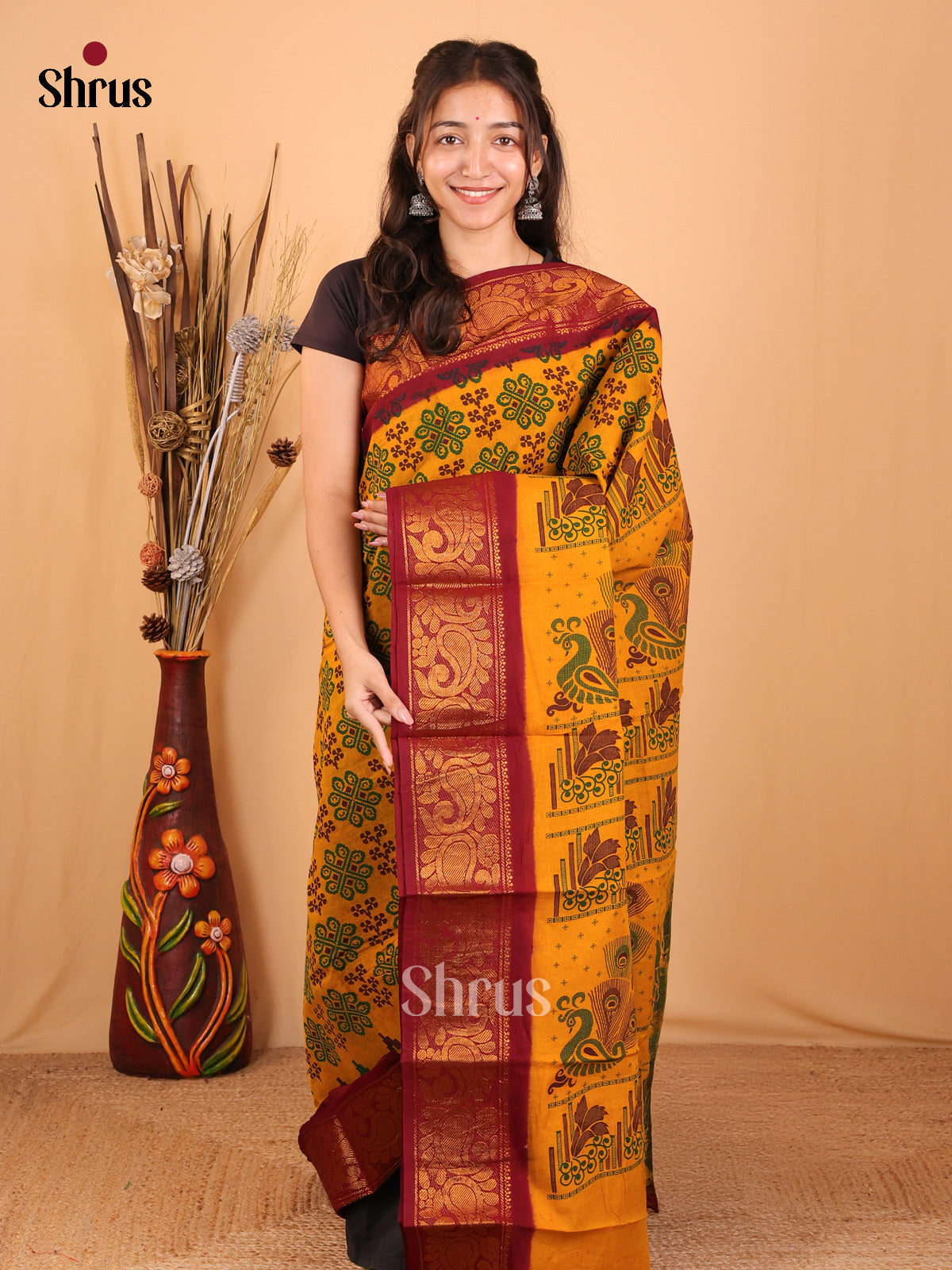 Mustard & Maroon - Sungudi Cotton Saree - Shop on Shrus.com