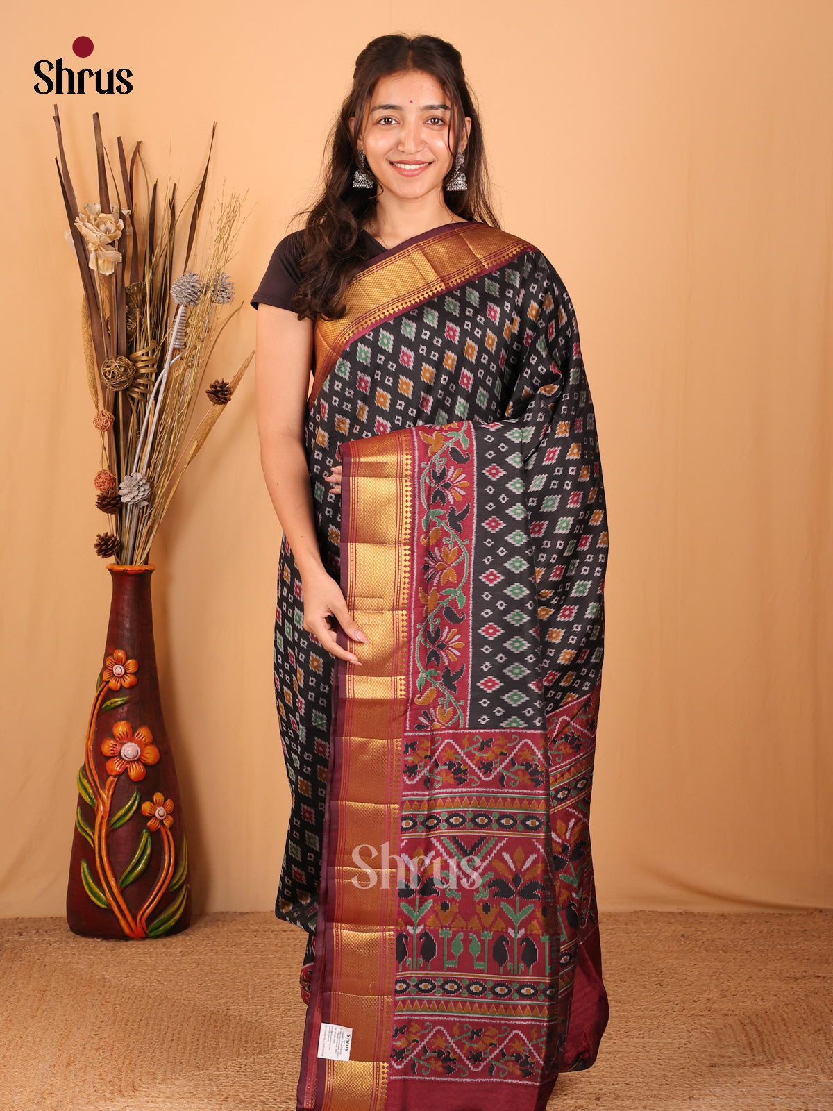 Black & Maroon - Semi Patola Saree - Shop on Shrus.com