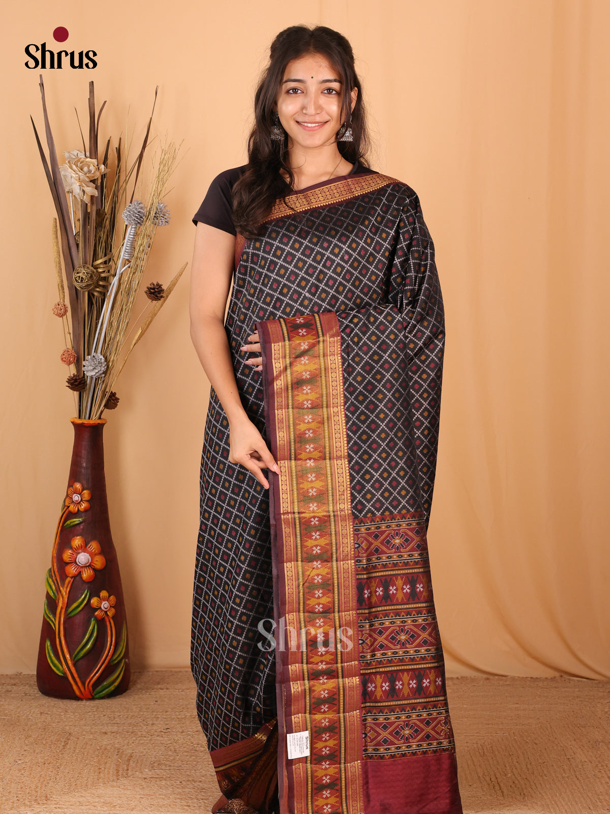 Black & Maroon - Semi Patola Saree - Shop on Shrus.com