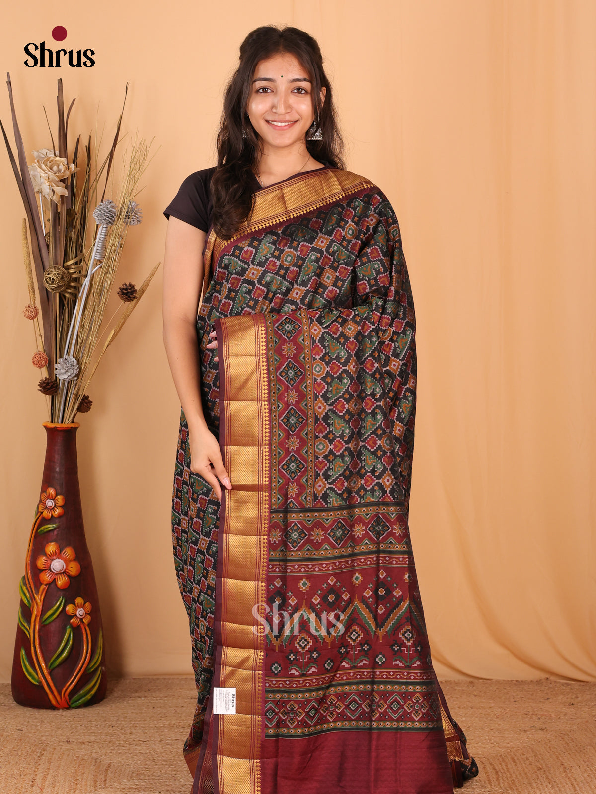 Black & Brown - Semi Patola Saree - Shop on Shrus.com