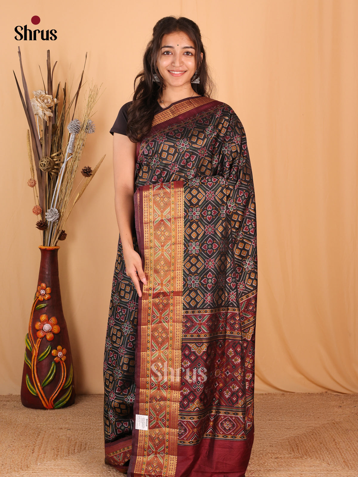 Black & Maroon - Semi Patola Saree - Shop on Shrus.com