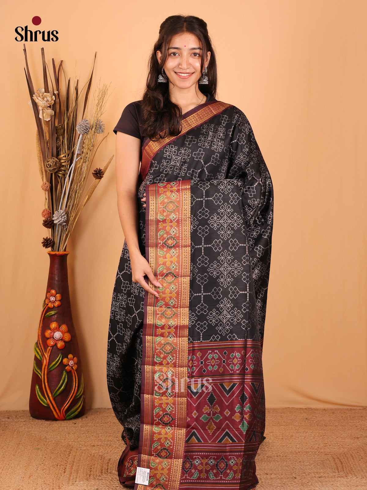 Black & Maroon - Semi Patola Saree - Shop on Shrus.com