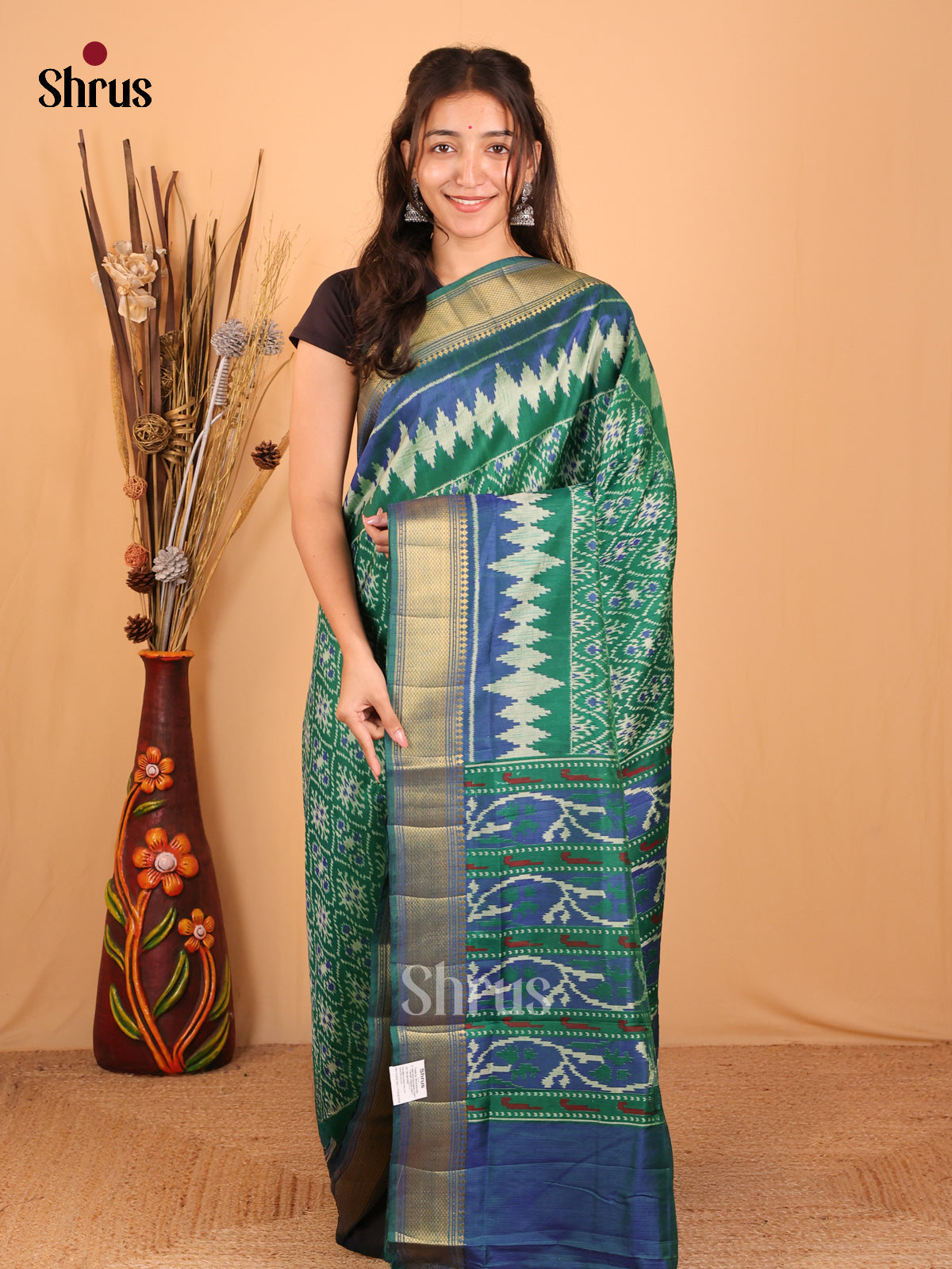 Green & Blue- Semi Patola Saree - Shop on Shrus.com