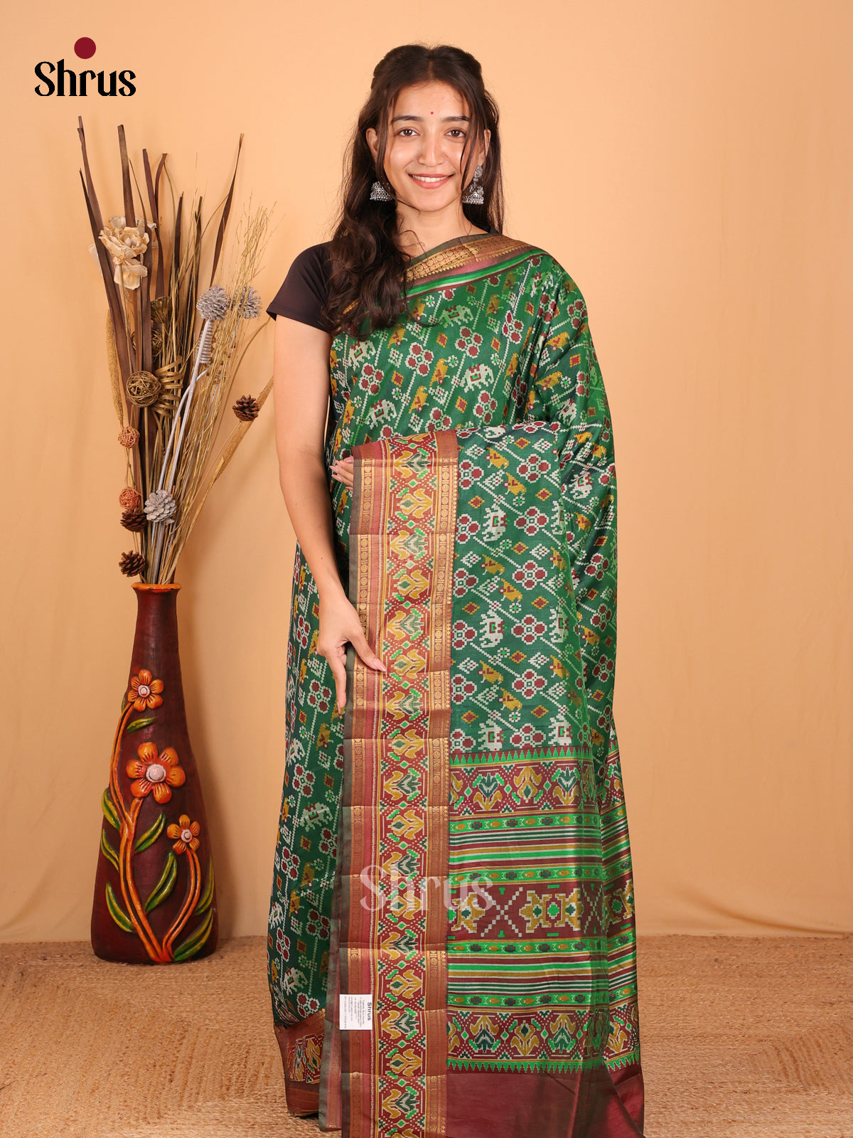 Green & Brown - Semi Patola Saree - Shop on Shrus.com