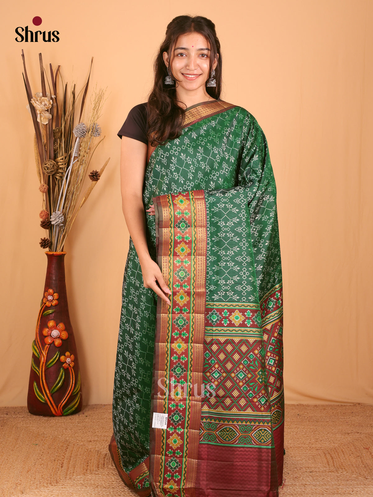 Green & Brown- Semi Patola Saree - Shop on Shrus.com
