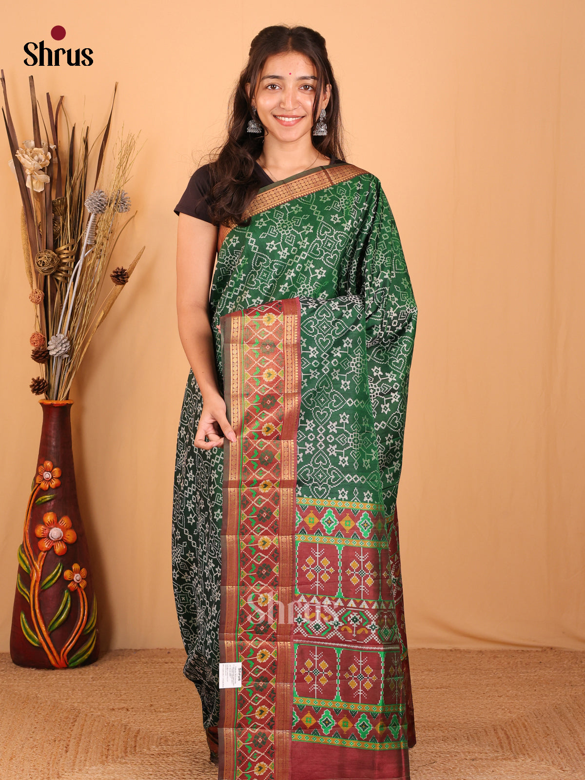 Green & Brown - Semi Patola Saree - Shop on Shrus.com