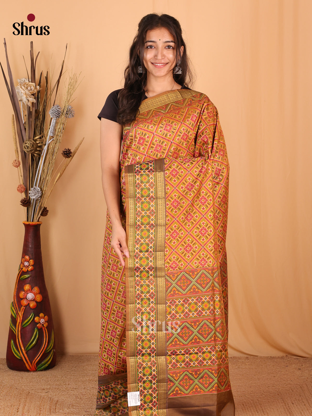 Dark Mustard & army Green - Semi Patola Saree - Shop on Shrus.com