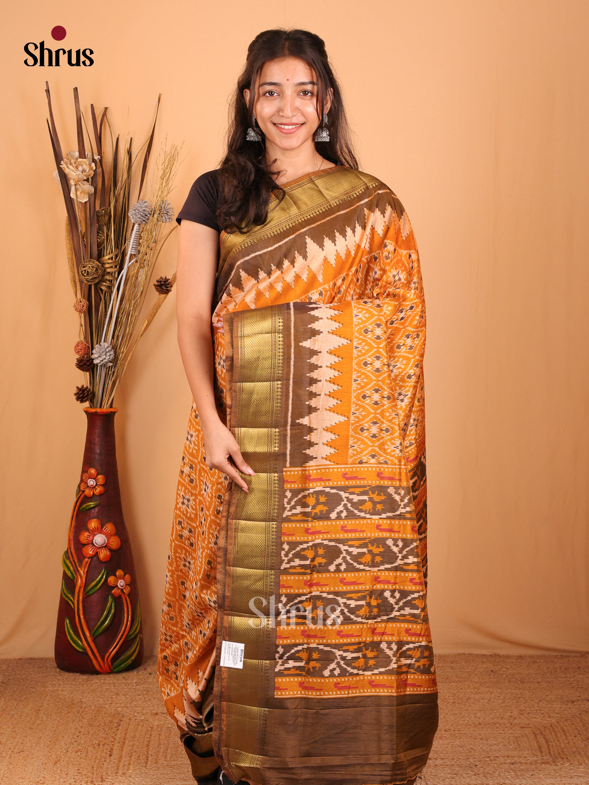 Mustard & Army Green - Semi Patola Saree - Shop on Shrus.com