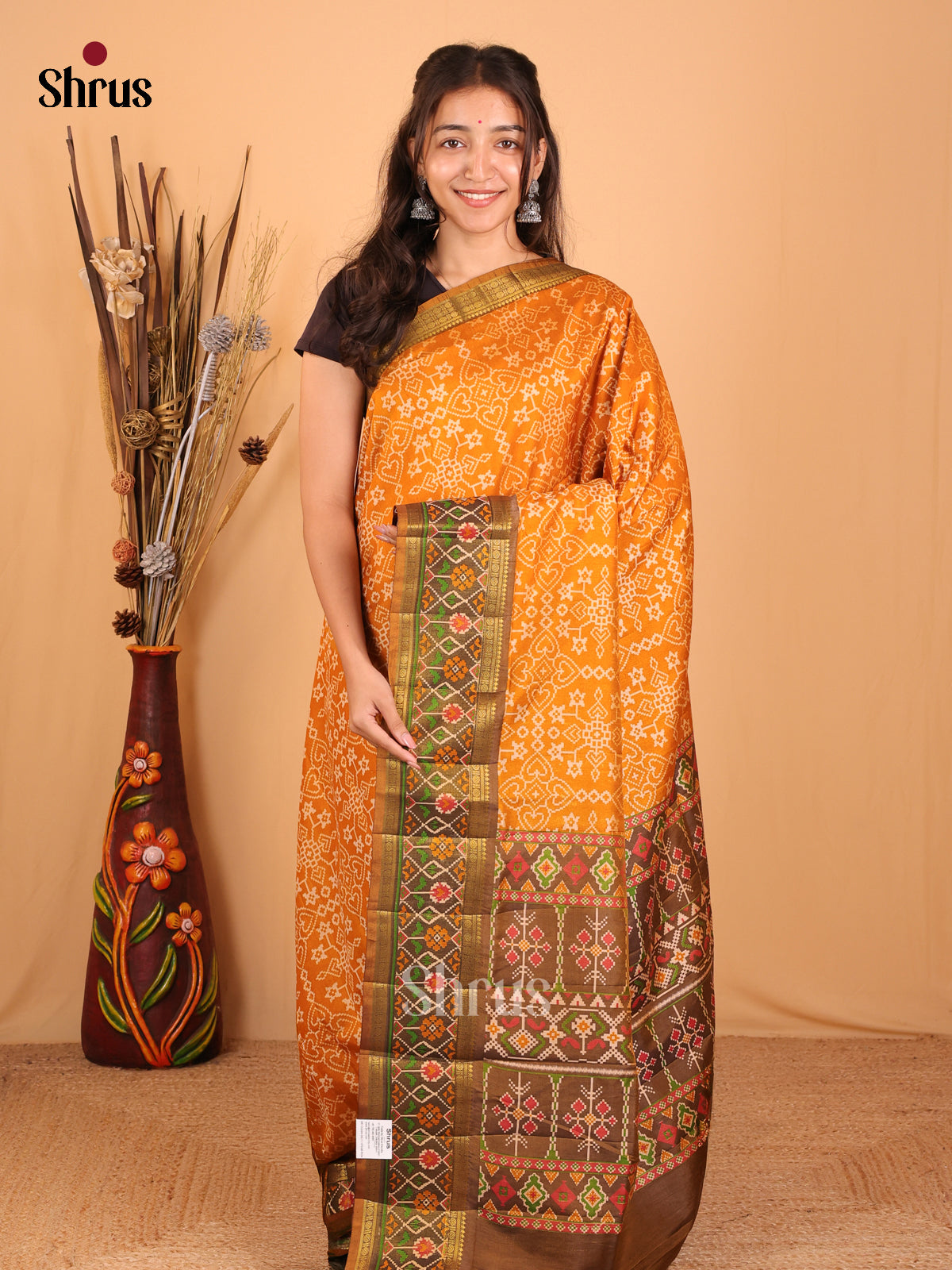 Mustard & Army Green - Semi Patola Saree - Shop on Shrus.com