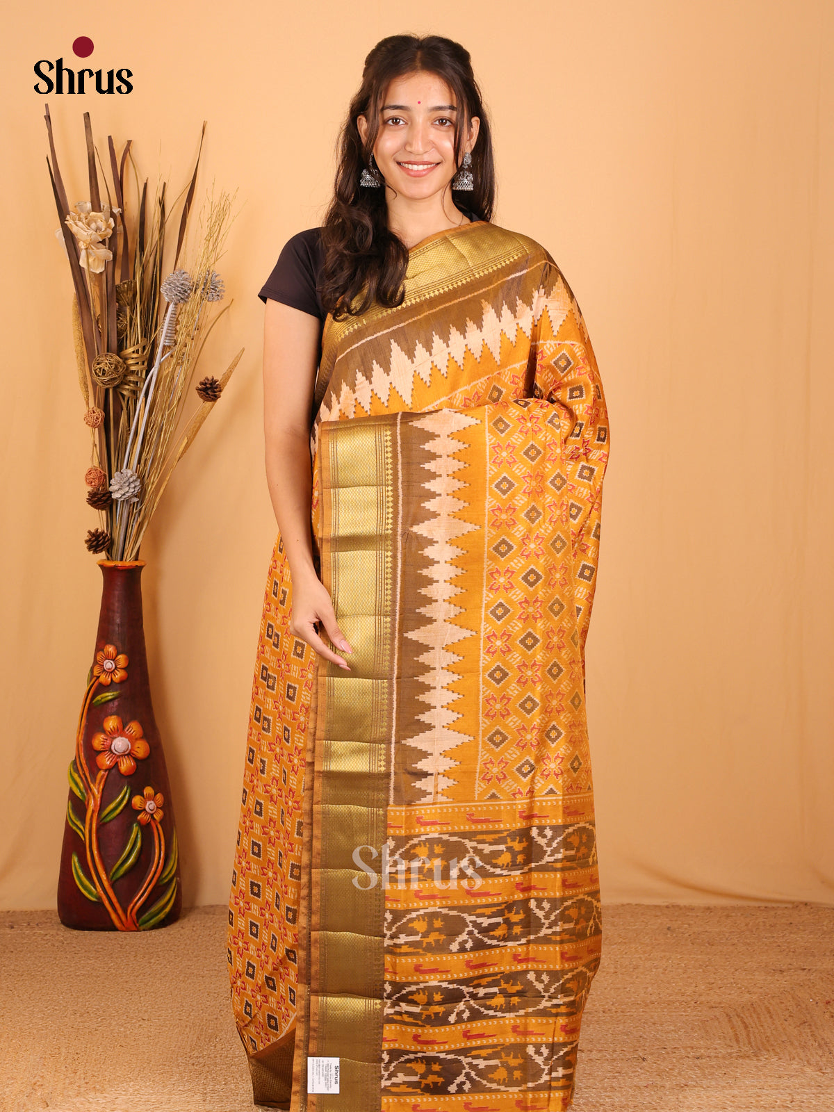 Mustard & Army Green - Semi Patola Saree - Shop on Shrus.com