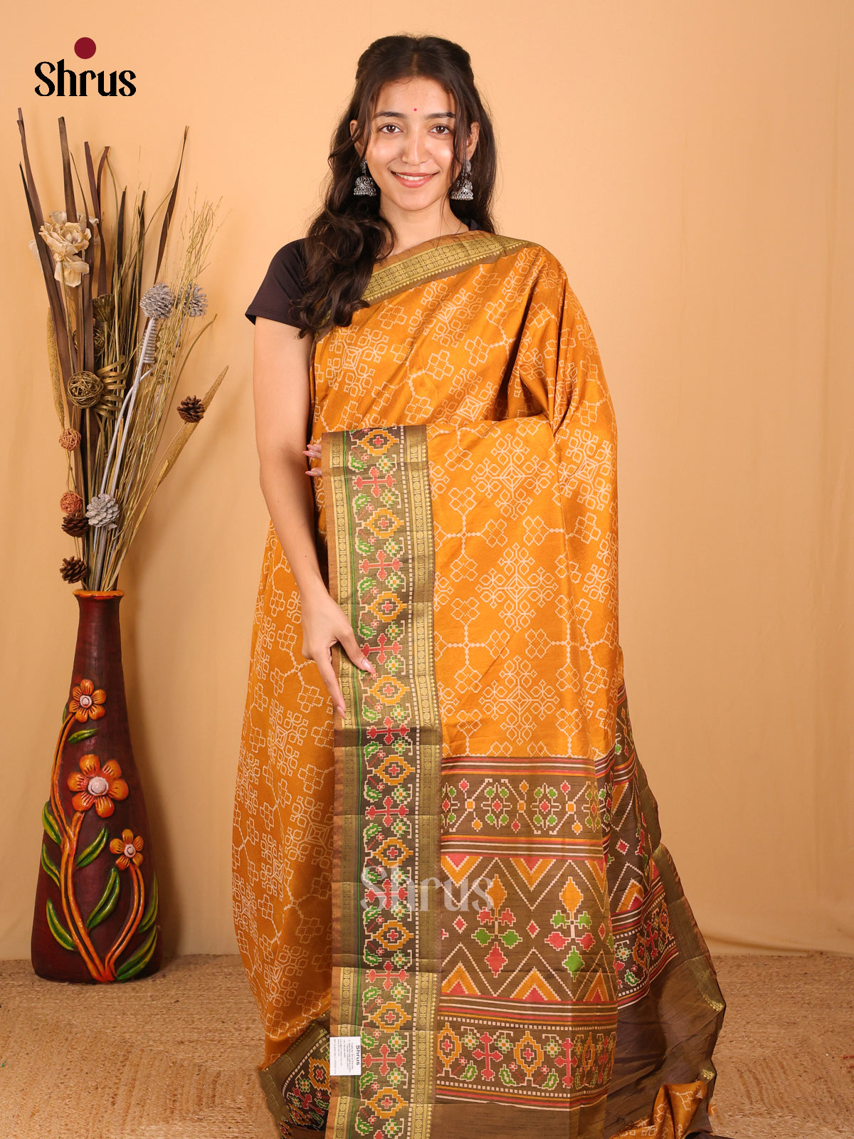 Mustard & Army Green - Semi Patola Saree - Shop on Shrus.com