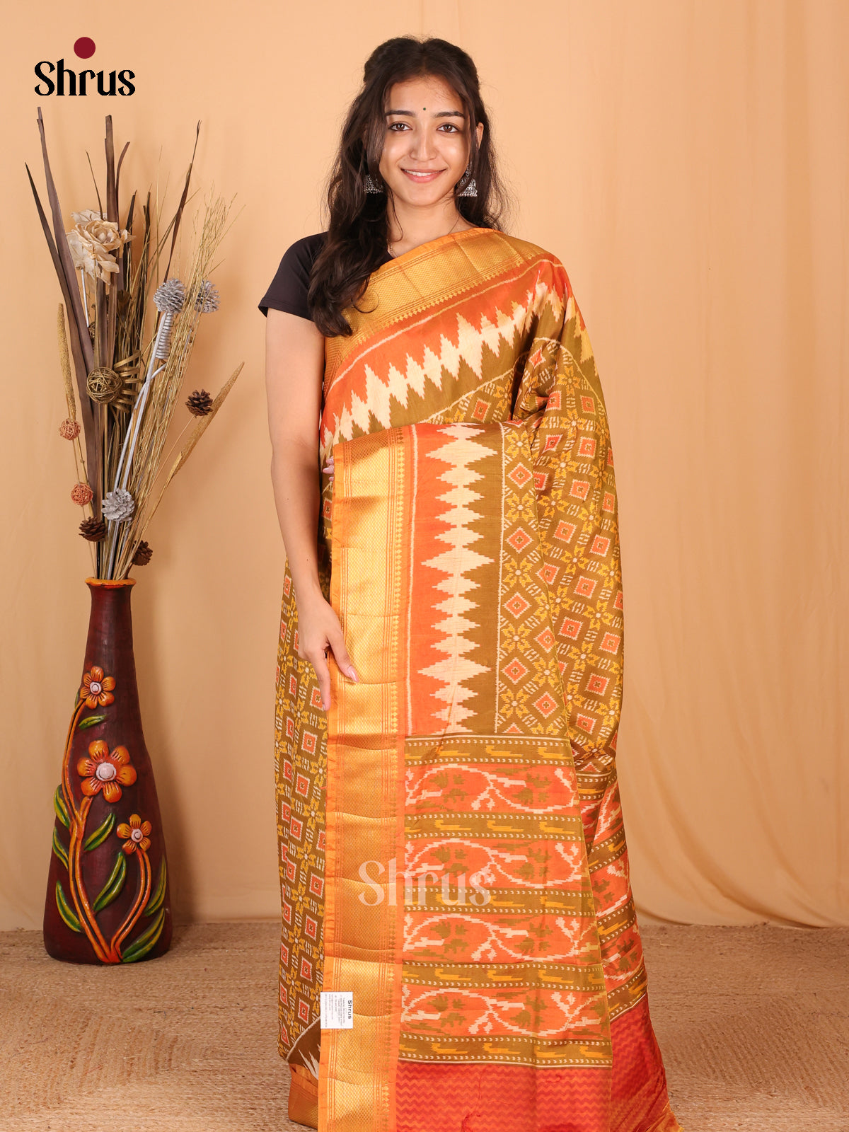 Mustardy Green & Orange- Semi Patola Saree - Shop on Shrus.com