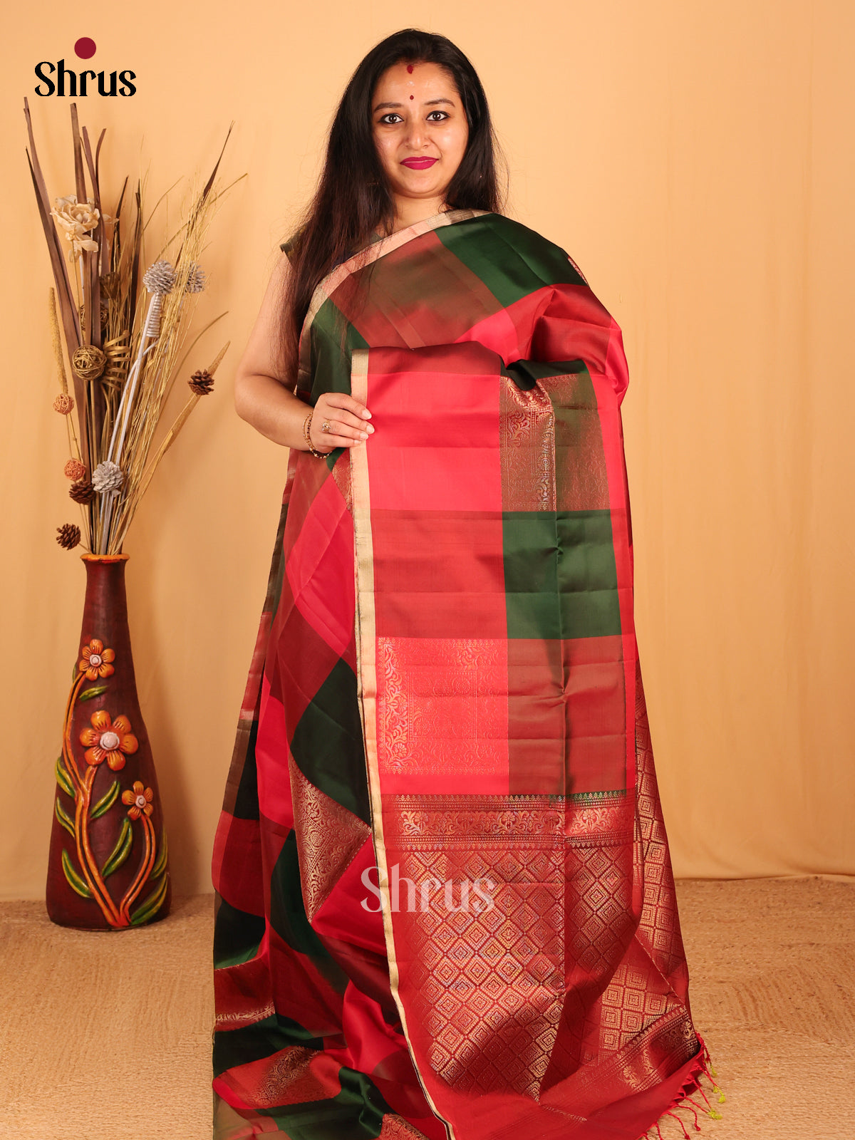 Green & Maroon- Soft silk Saree - Shop on Shrus.com