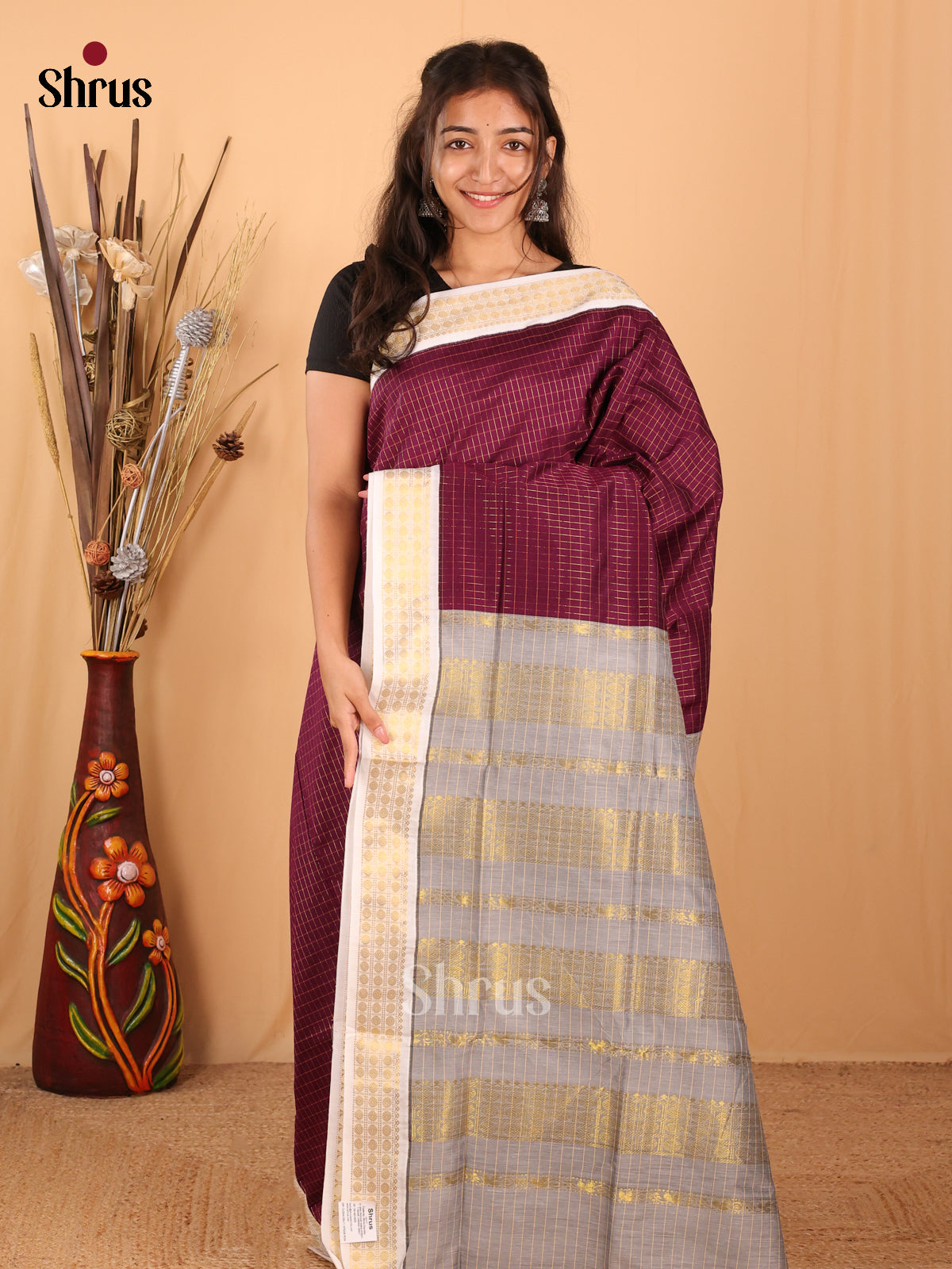 Wine & Grey - Kalyani Cotton Saree - Shop on Shrus.com