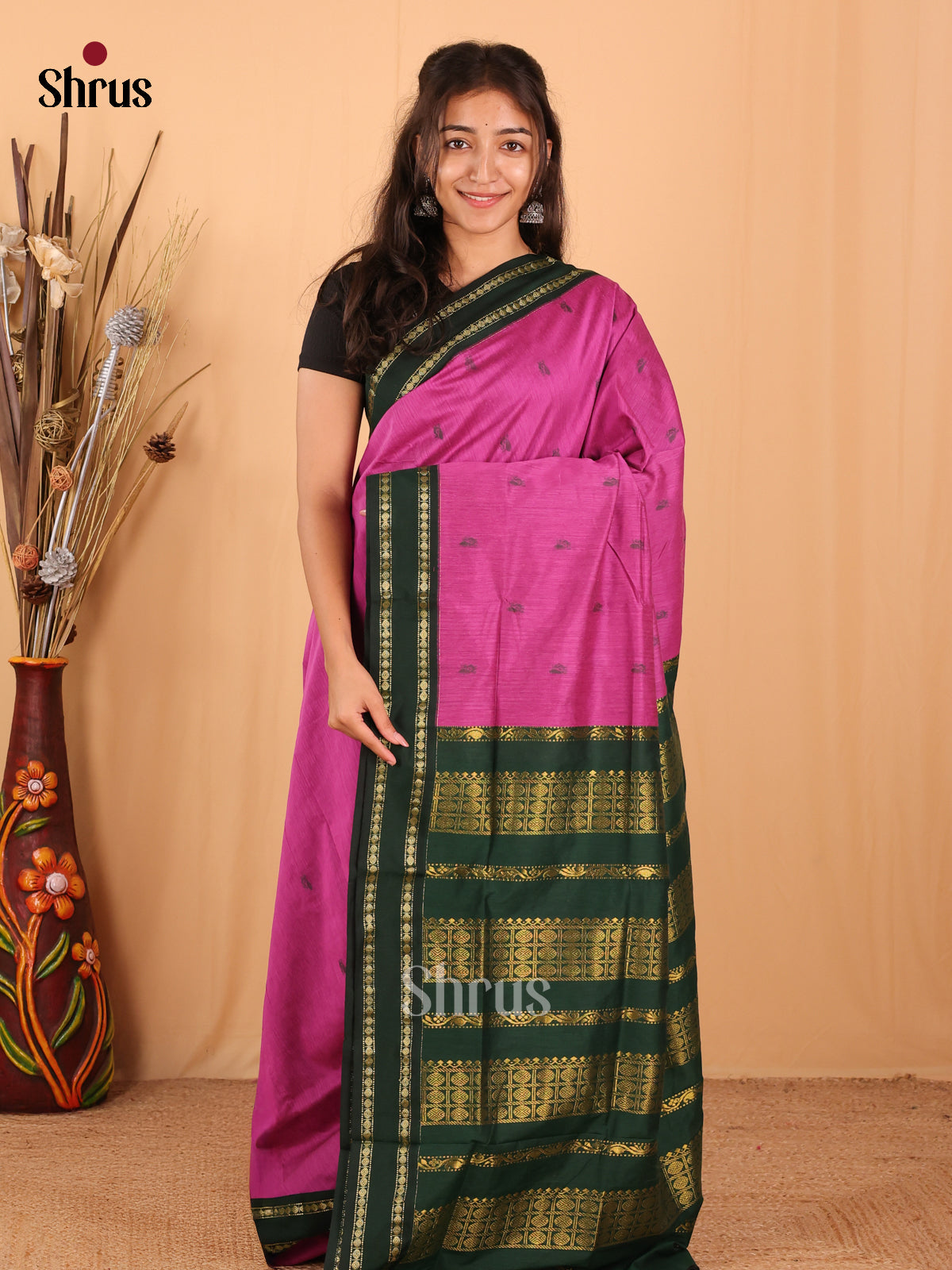 Majenta & Green - Kalyani Cotton Saree - Shop on Shrus.com