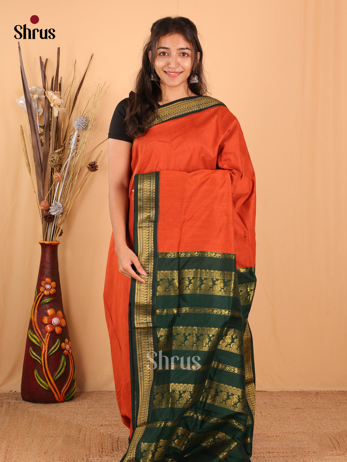 Orange & Green- Kalyani Cotton Saree - Shop on Shrus.com