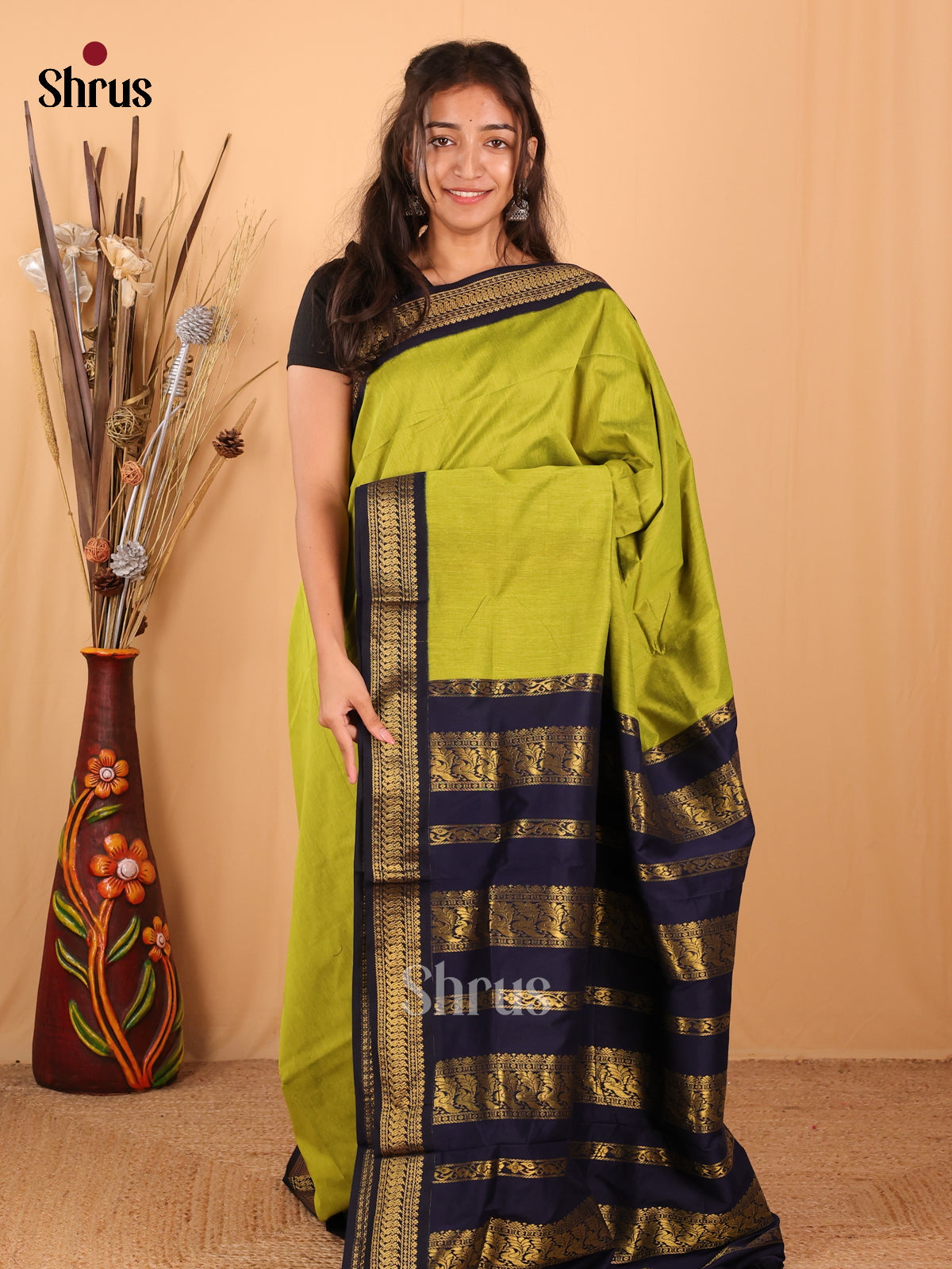 Lime Green & Blue - Kalyani Cotton Saree - Shop on Shrus.com