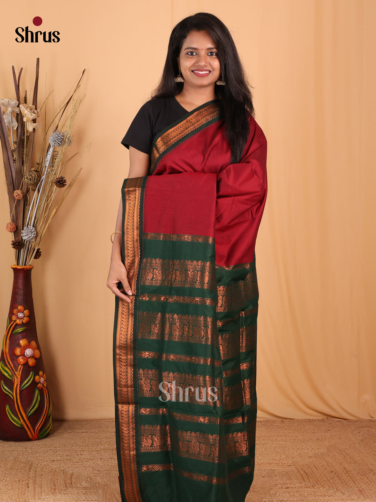 Maroon & Green - Kalyani Cotton Saree - Shop on Shrus.com