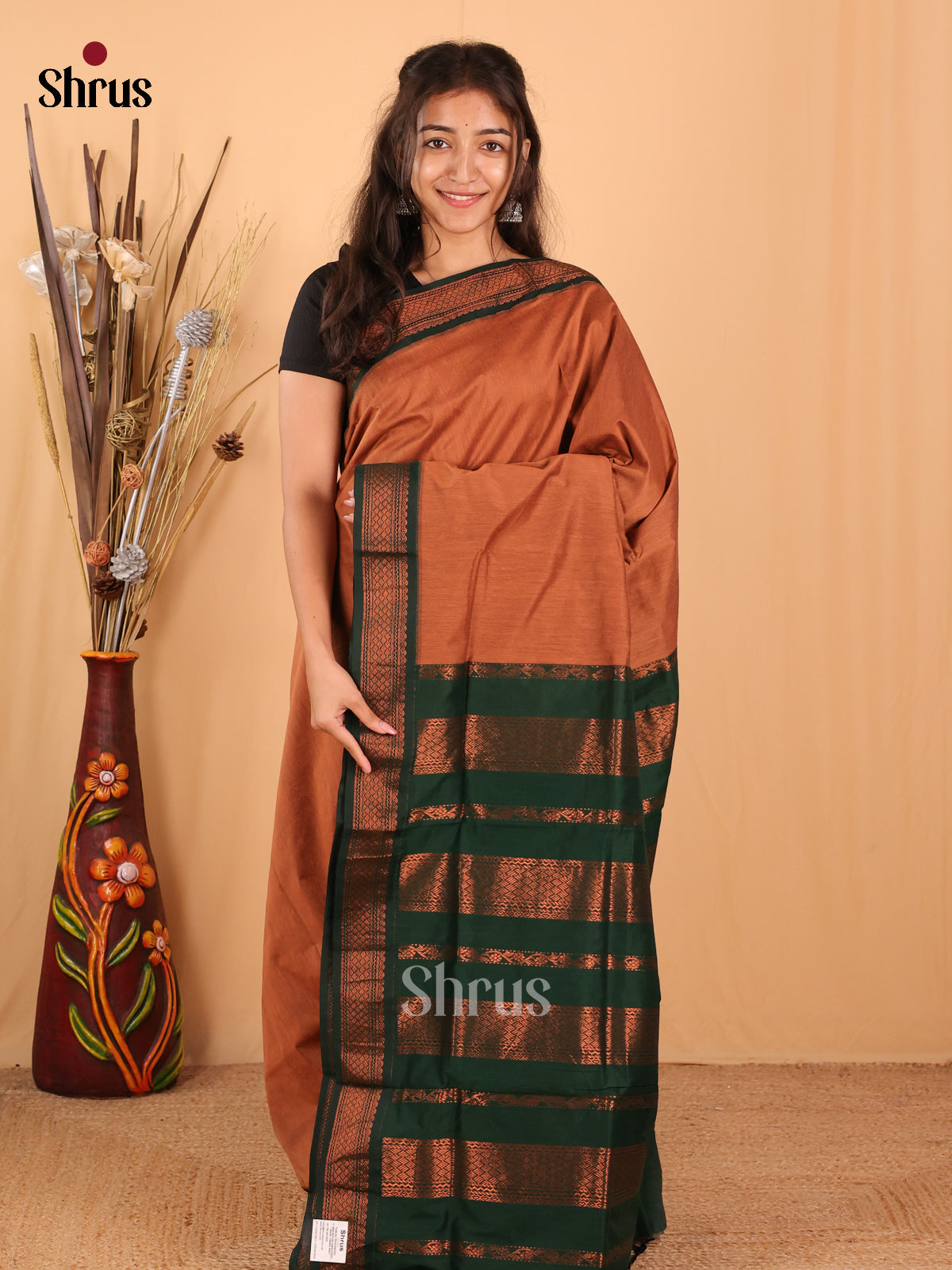 Rust & Green- Kalyani Cotton Saree - Shop on Shrus.com
