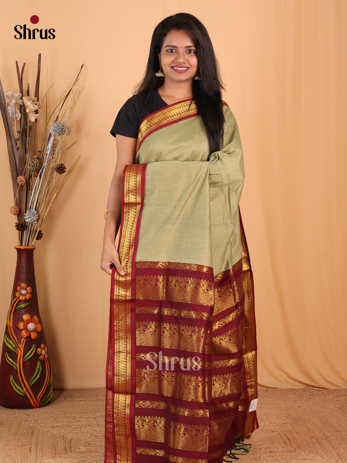 Elachi Green & Maroon- Kalyani Cotton Saree - Shop on Shrus.com