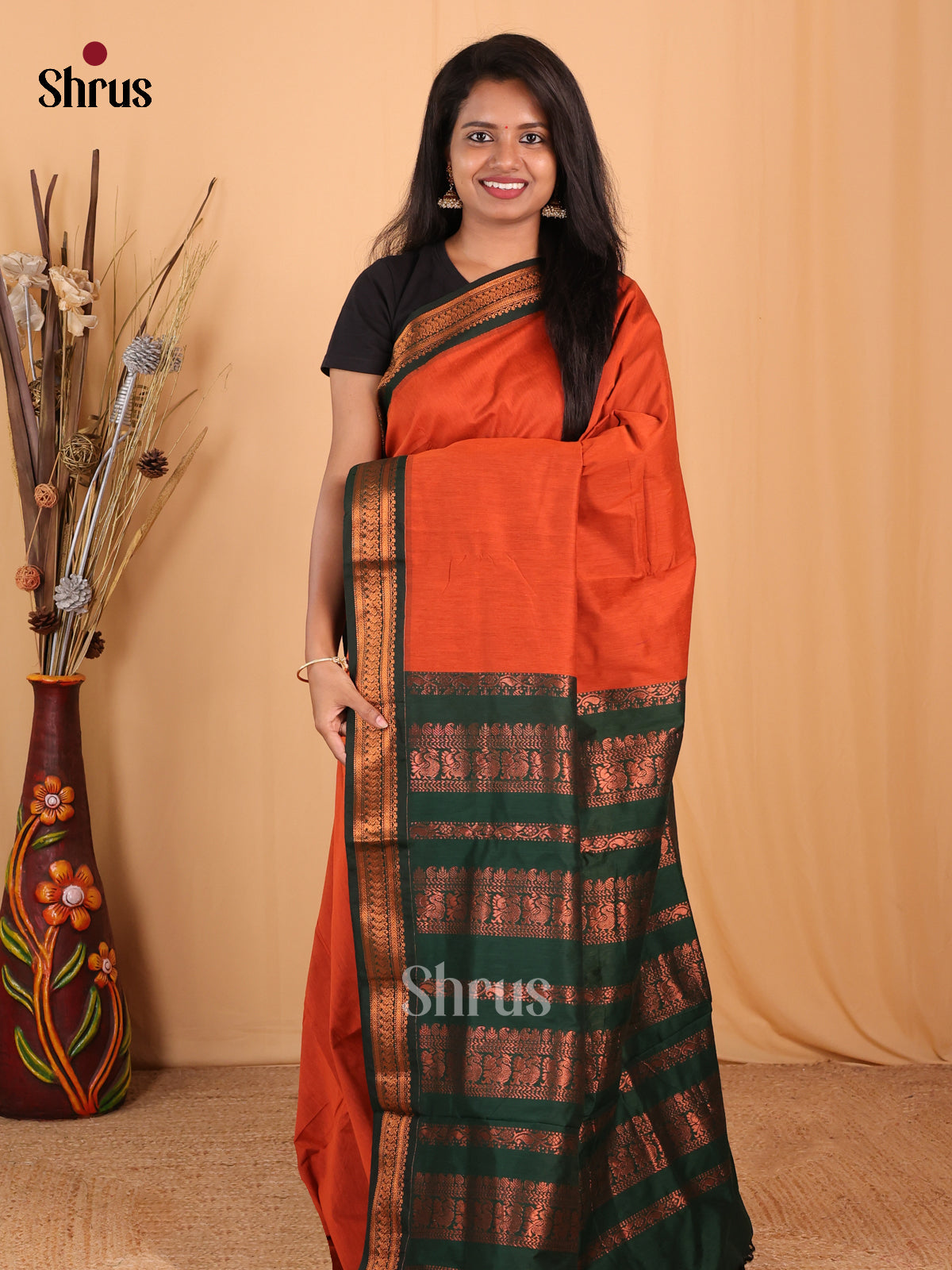 Orange & Green - Kalyani Cotton Saree - Shop on Shrus.com