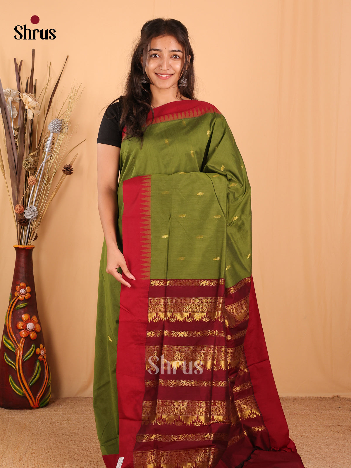 Green & Maroon- Kalyani Cotton Saree - Shop on Shrus.com