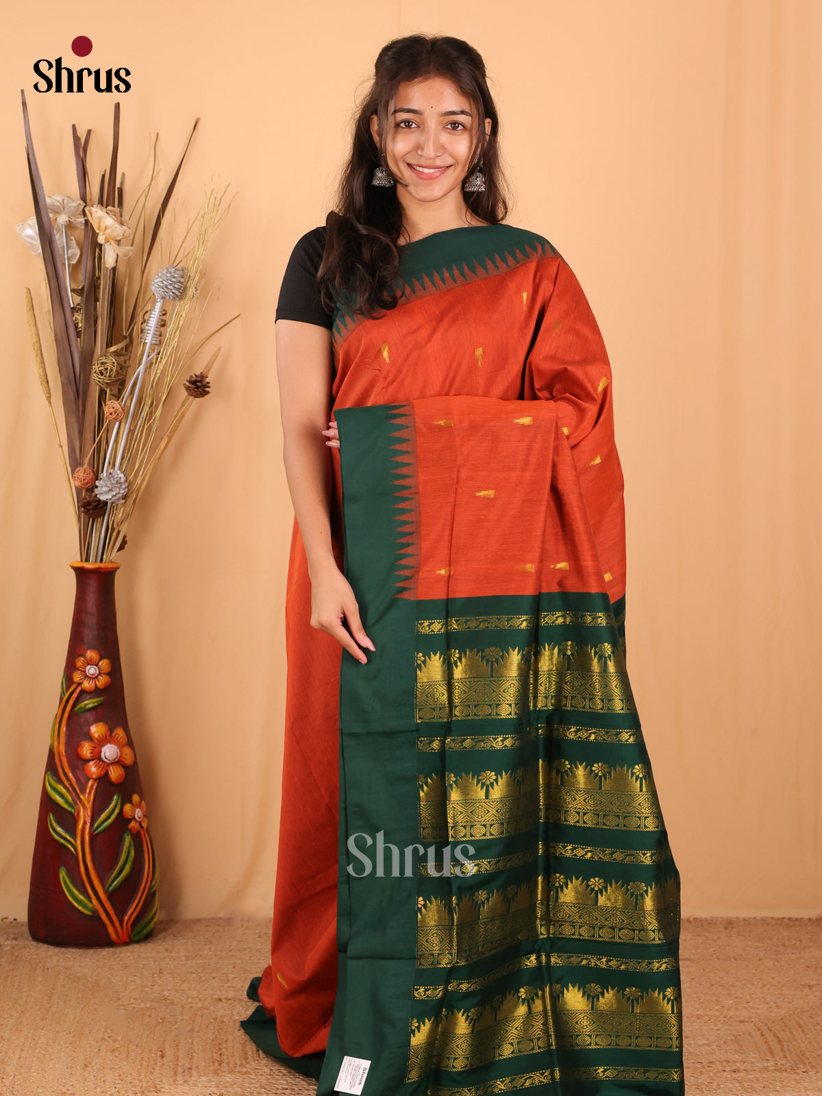 Orange & Green- Kalyani Cotton Saree - Shop on Shrus.com