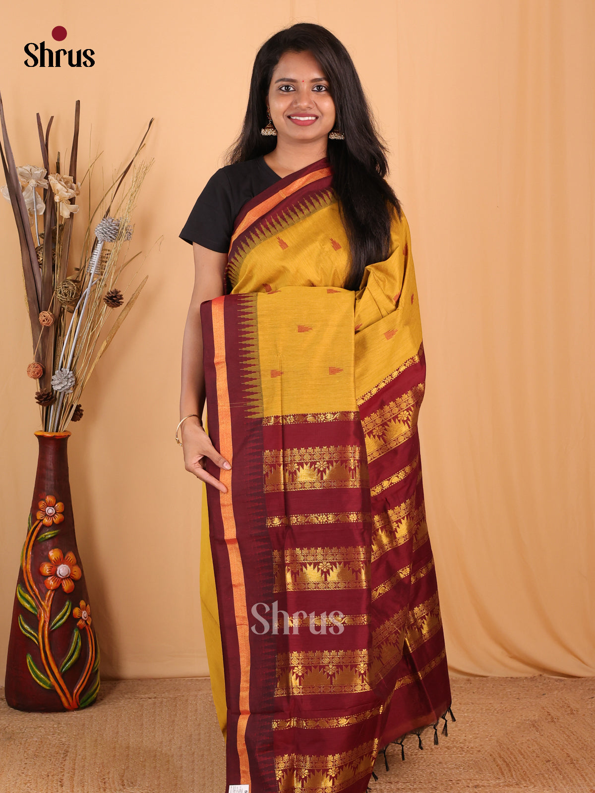 Mustard & Maroon - Kalyani Cotton Saree - Shop on Shrus.com