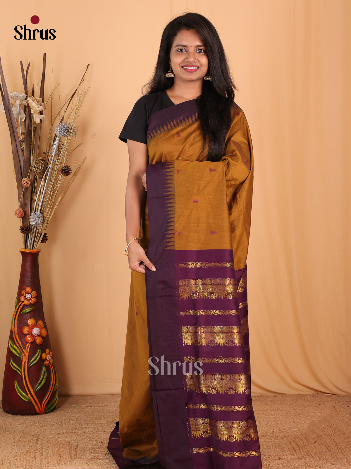 Dark mustard & Purple - Kalyani Cotton Saree - Shop on Shrus.com