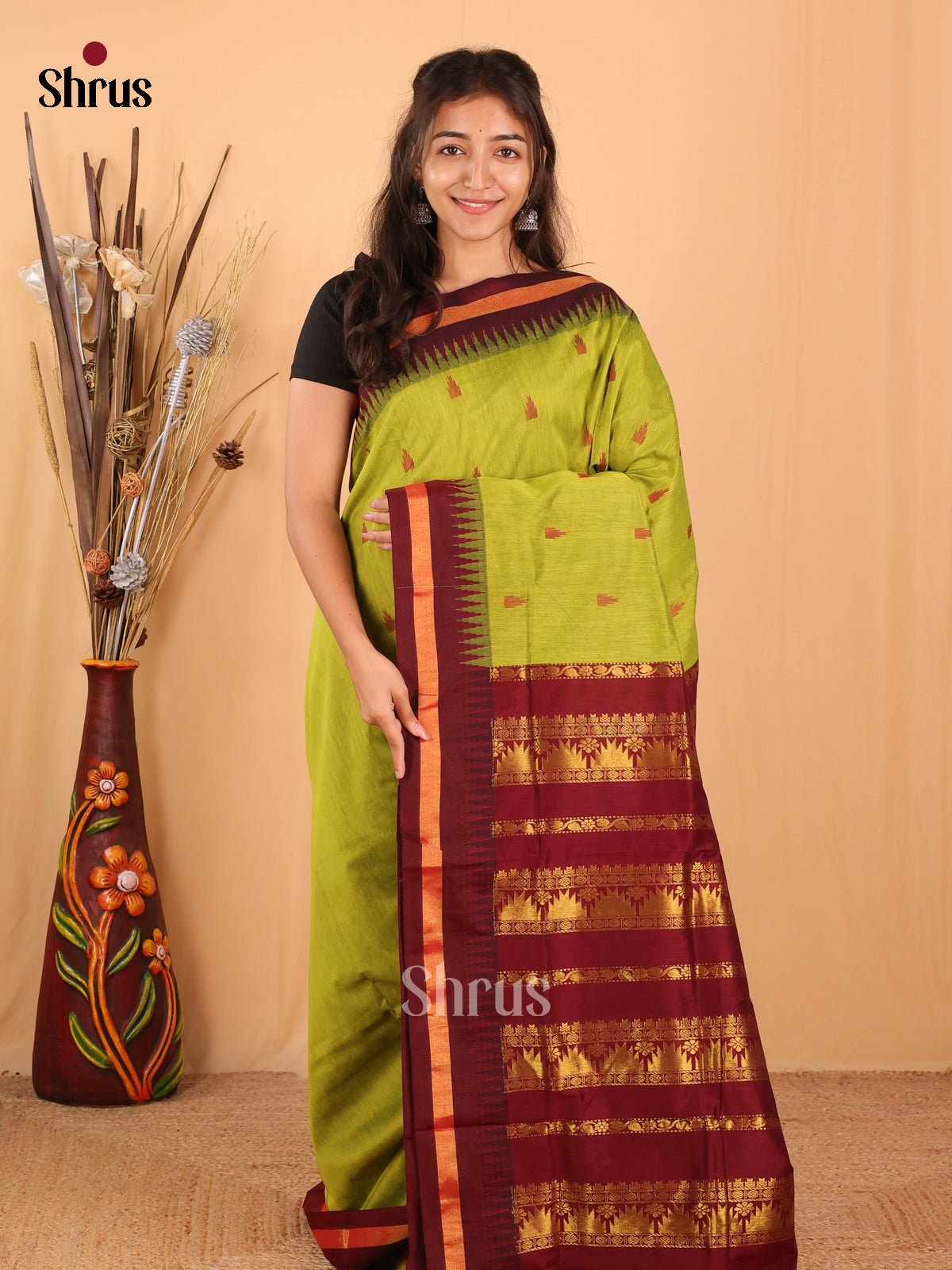 Green & Maroon - Kalyani Cotton Saree - Shop on Shrus.com