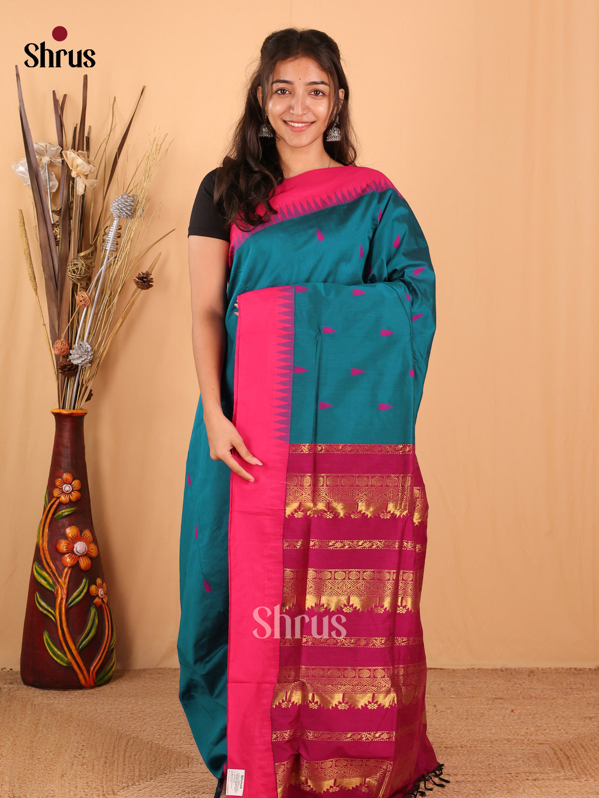 Blue & Majenta - Kalyani Cotton Saree - Shop on Shrus.com