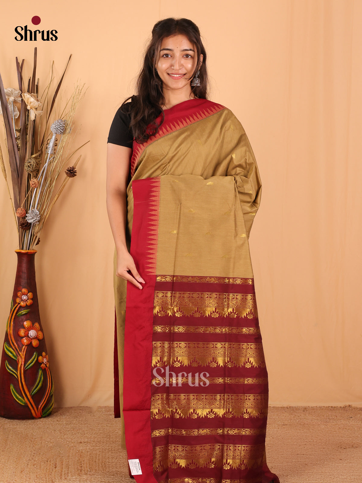 Beige & Maroon - Kalyani Cotton Saree - Shop on Shrus.com