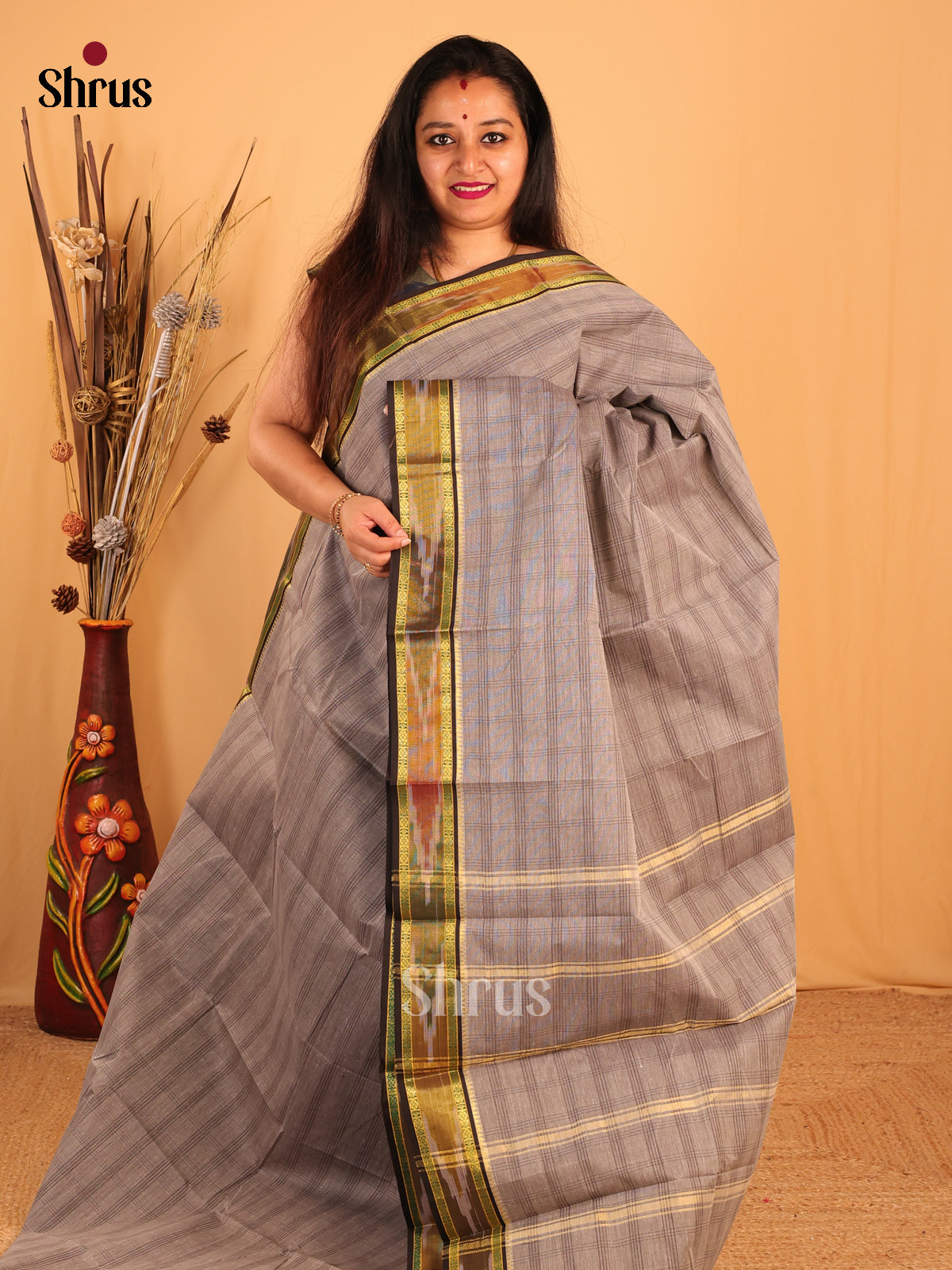 Grey & Black- South Cotton Saree - Shop on Shrus.com
