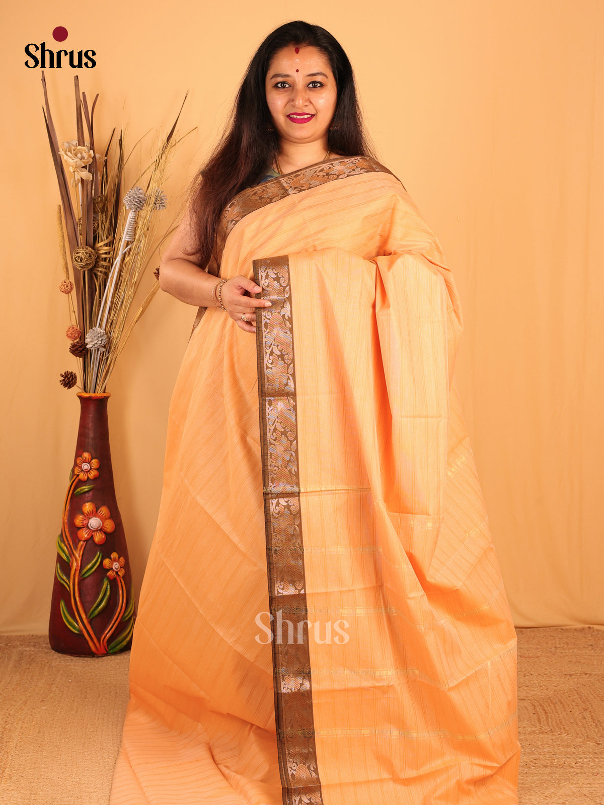 Peach- South Cotton Saree - Shop on Shrus.com