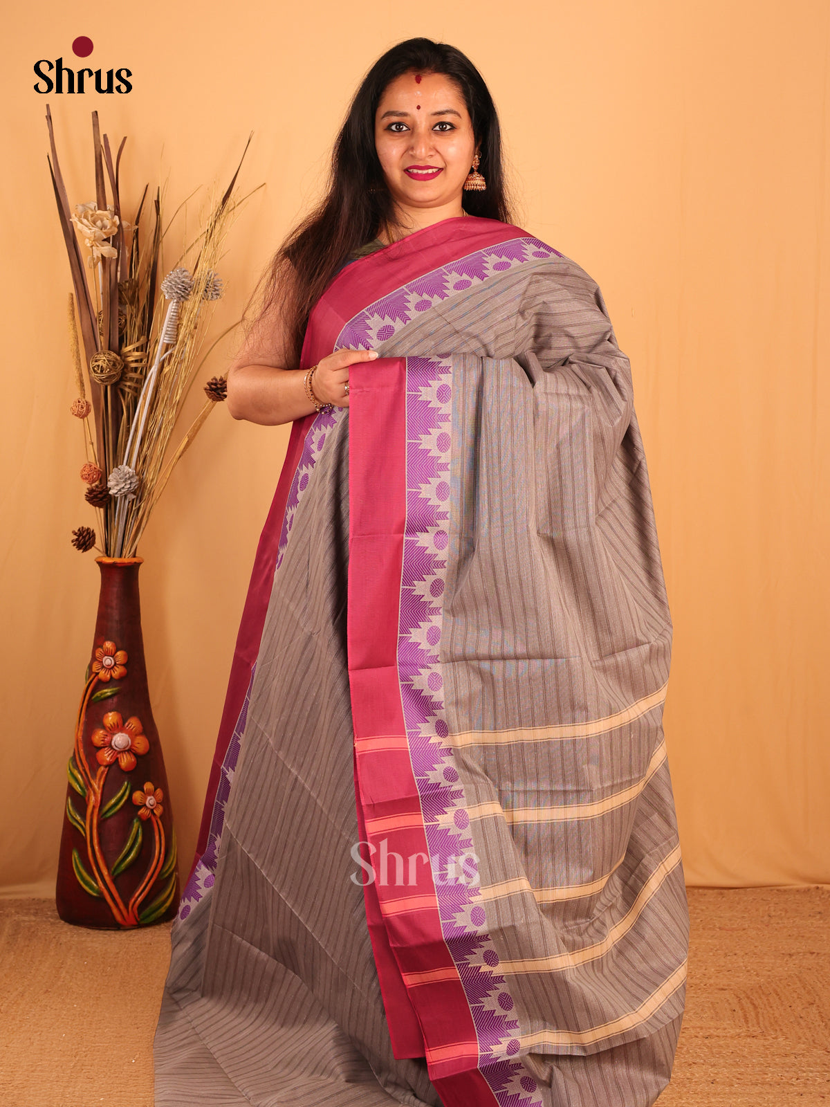 Grey & Maroon- South Cotton Saree - Shop on Shrus.com