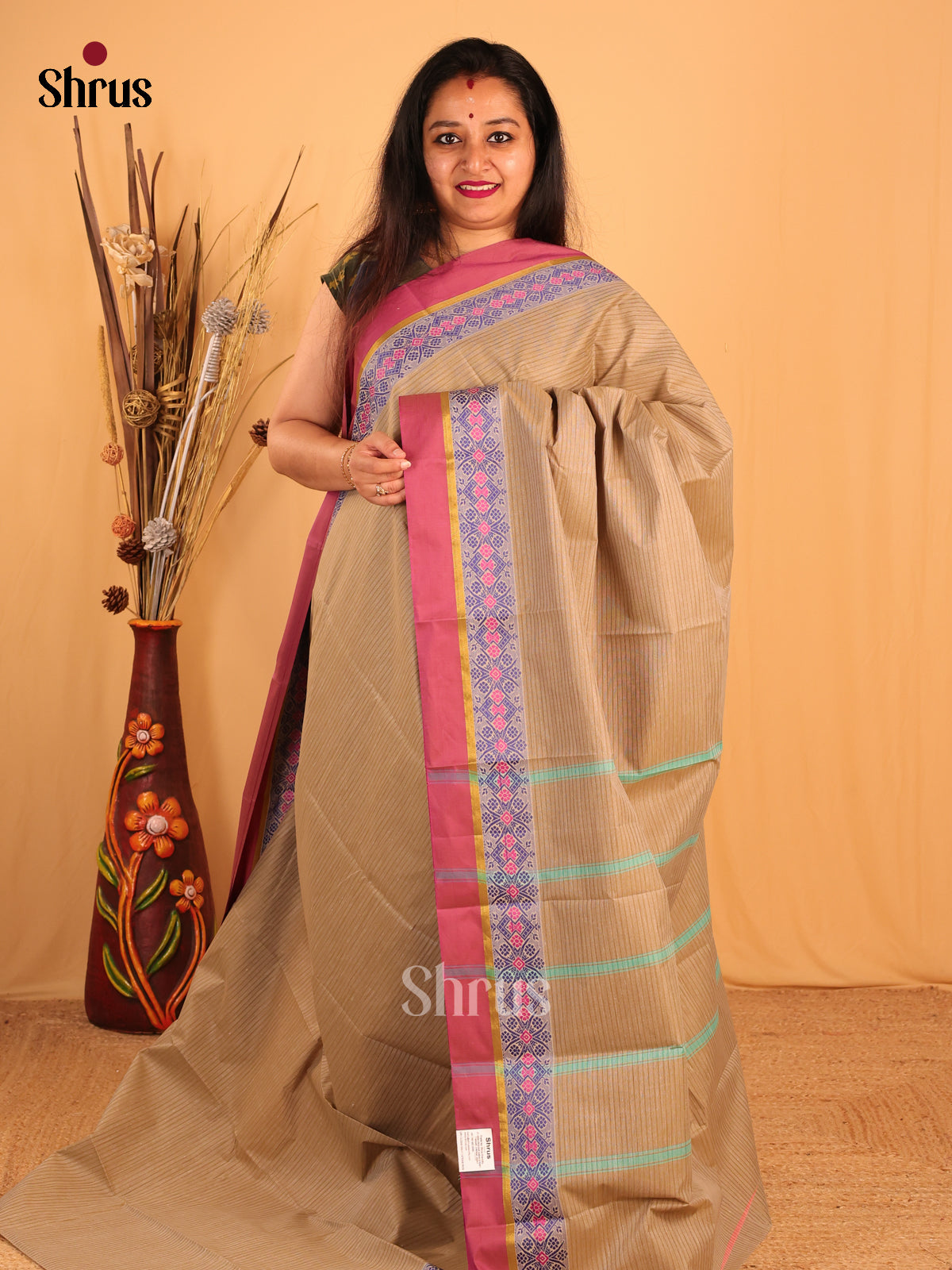 Beige & Purple- South Cotton Saree - Shop on Shrus.com