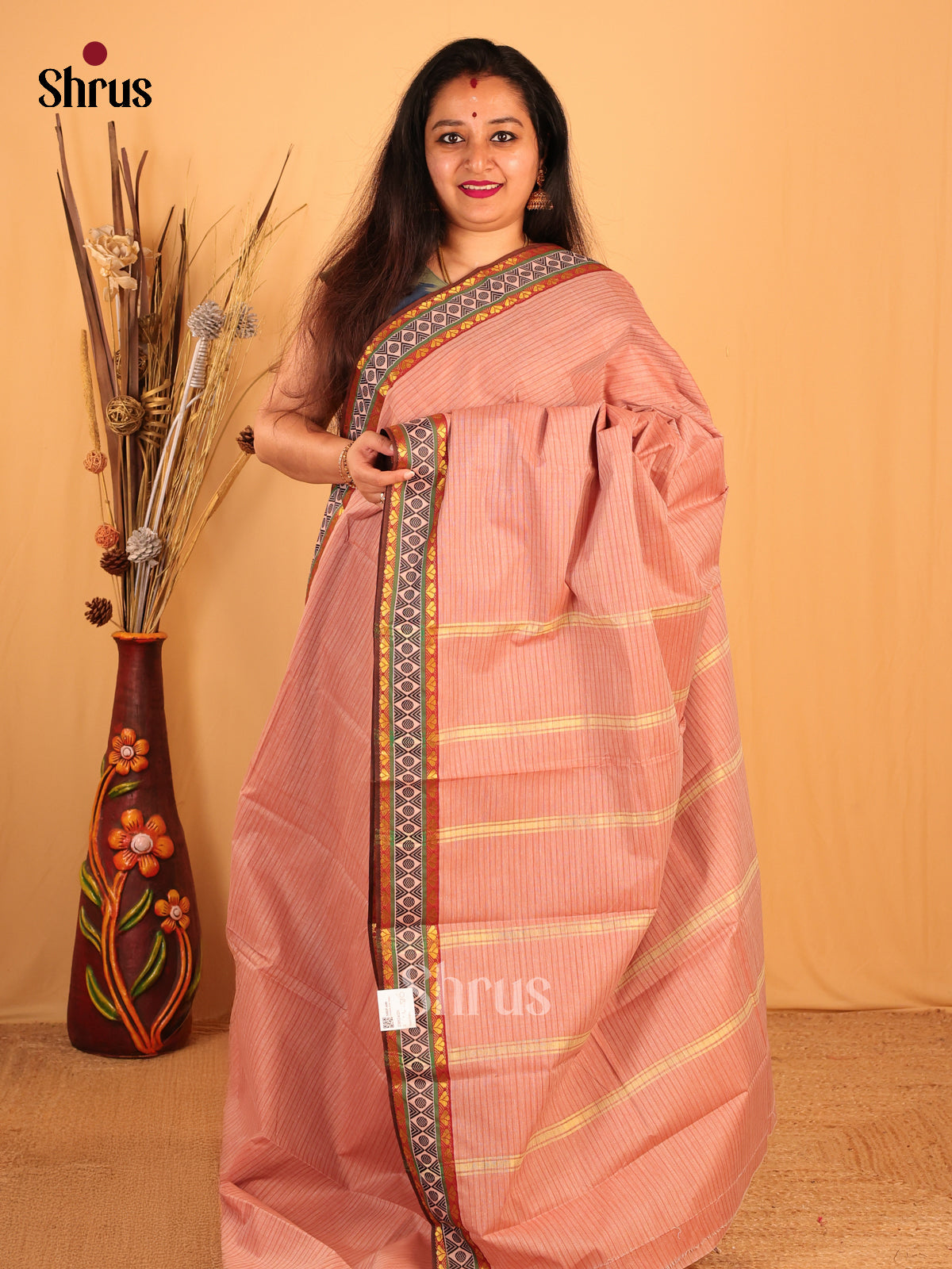 Pastel Pink & Brown- South Cotton Saree - Shop on Shrus.com