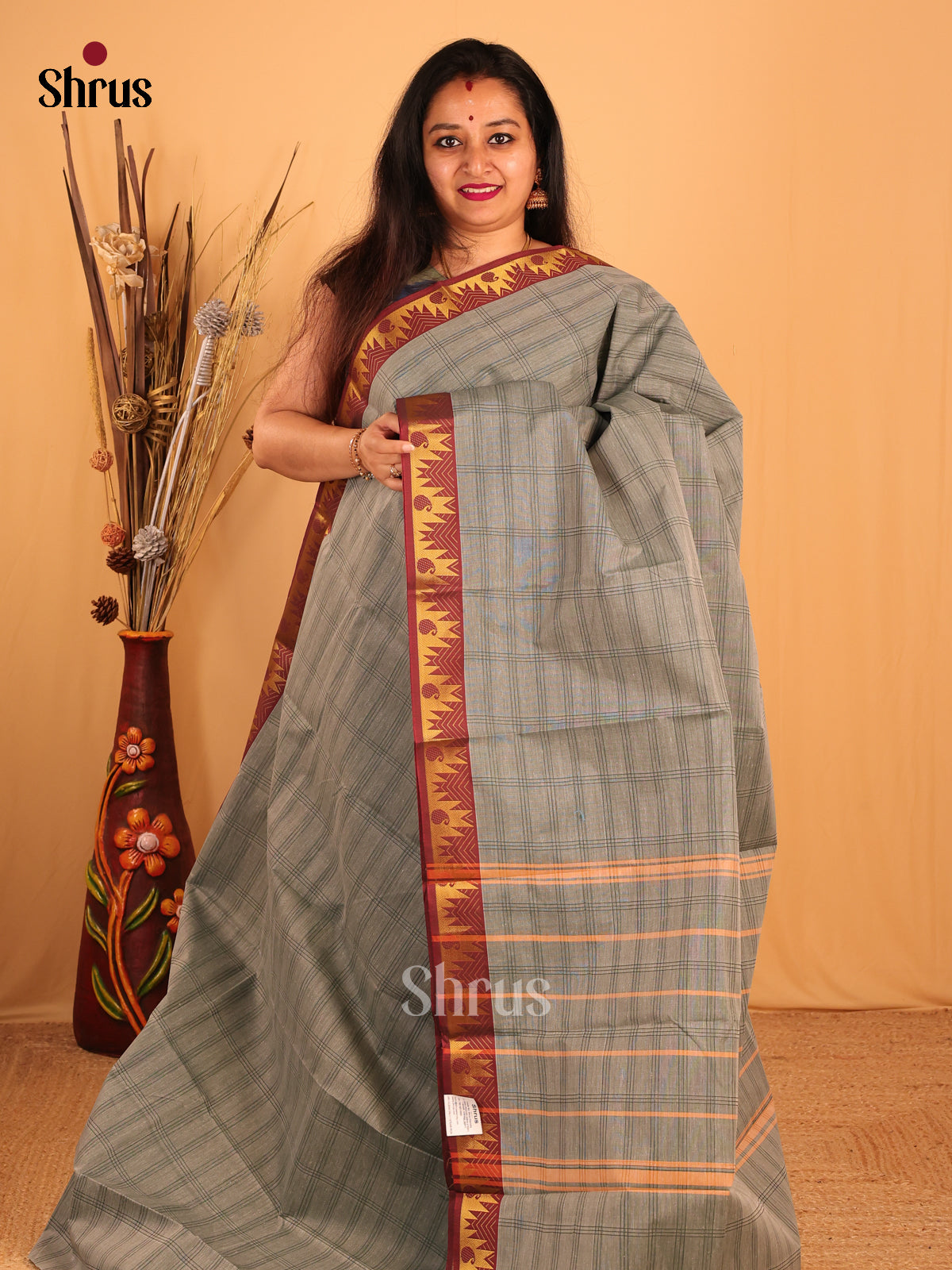 Grey & Brown- South Cotton Saree - Shop on Shrus.com