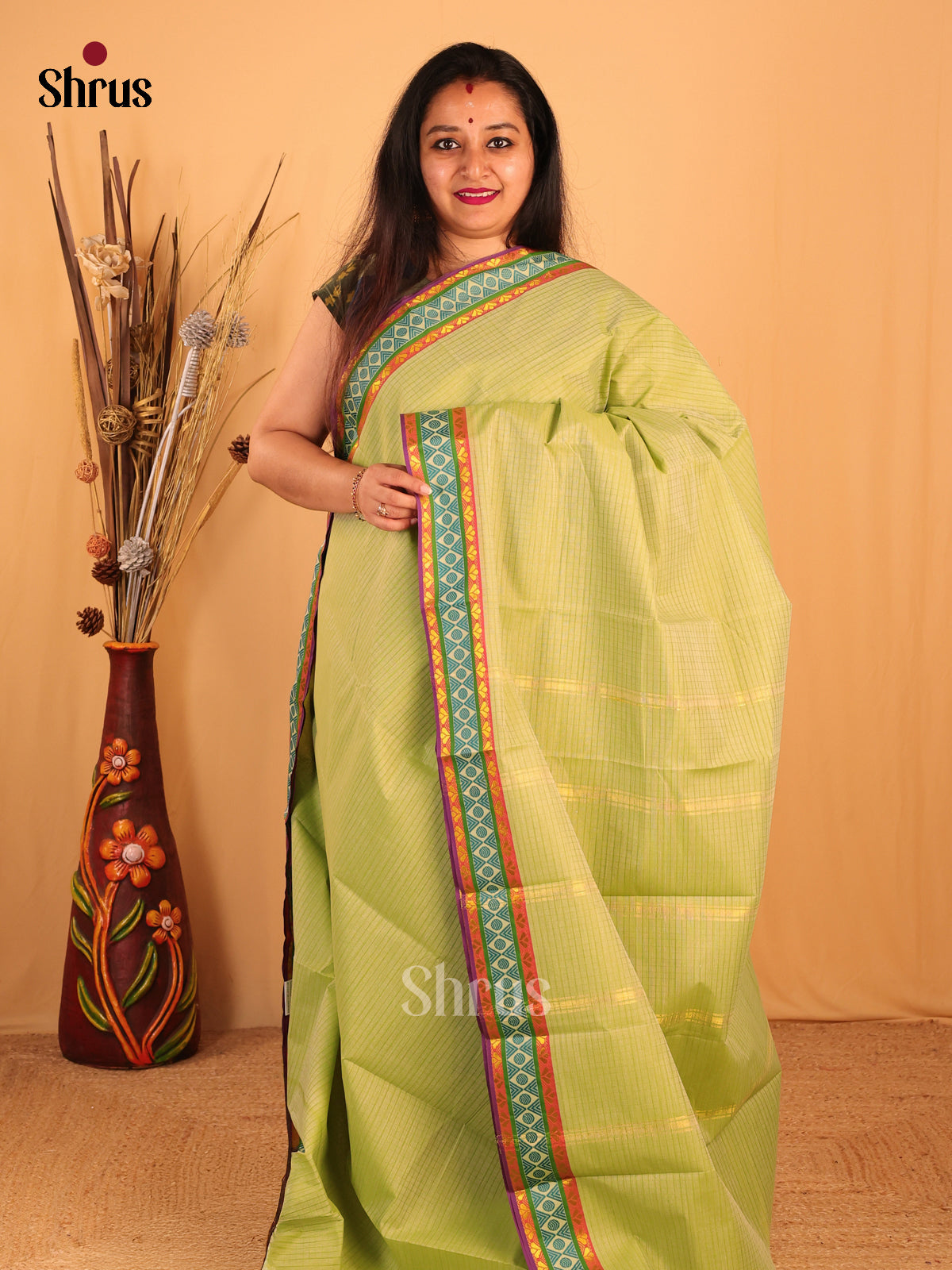 Lite Green & Purple - South Cotton Saree - Shop on Shrus.com