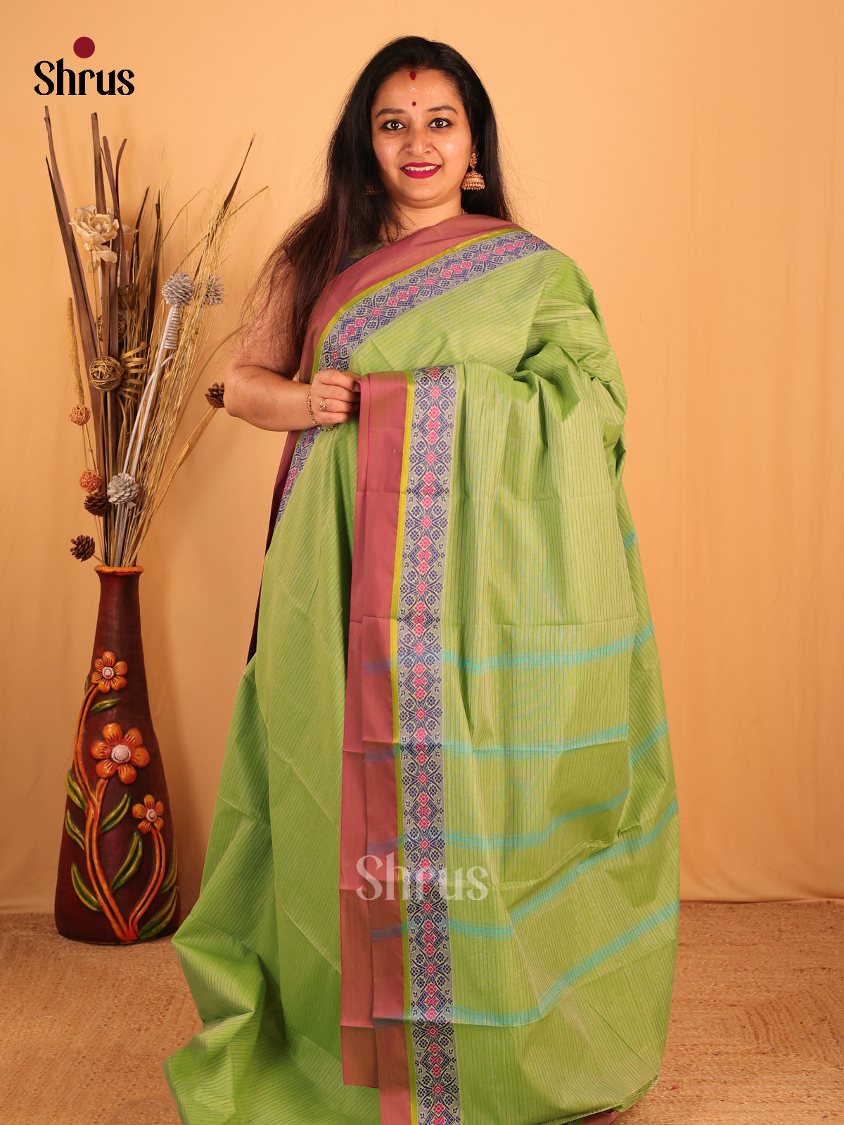 Lite Green & Brown- South Cotton Saree - Shop on Shrus.com