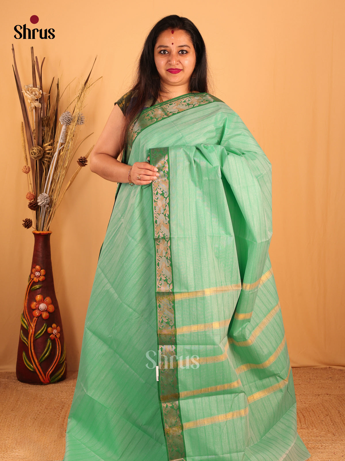 Pastel Green & Green- South Cotton Saree - Shop on Shrus.com