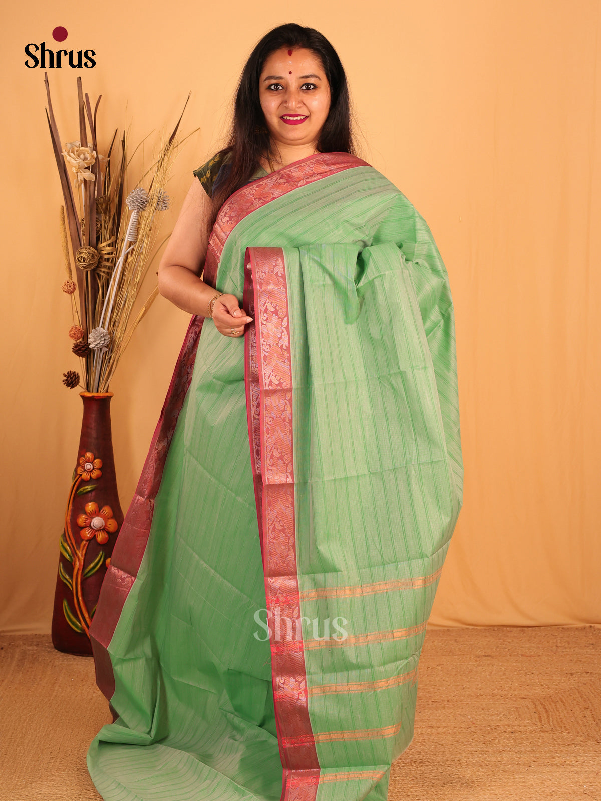Pastel Green & Maroon- South Cotton Saree - Shop on Shrus.com