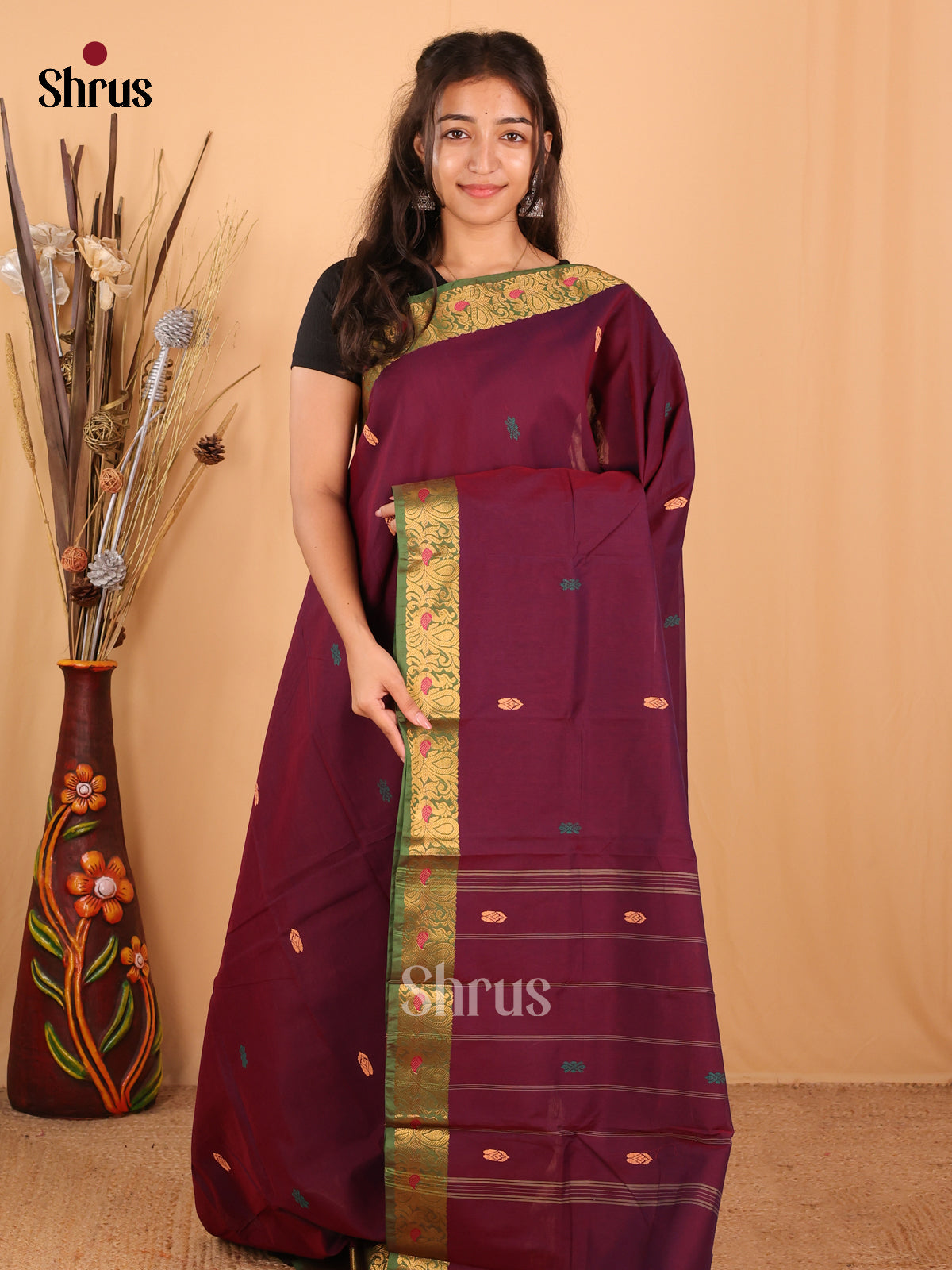 Wine & Green - Chettinad Mix Cotton Saree - Shop on Shrus.com