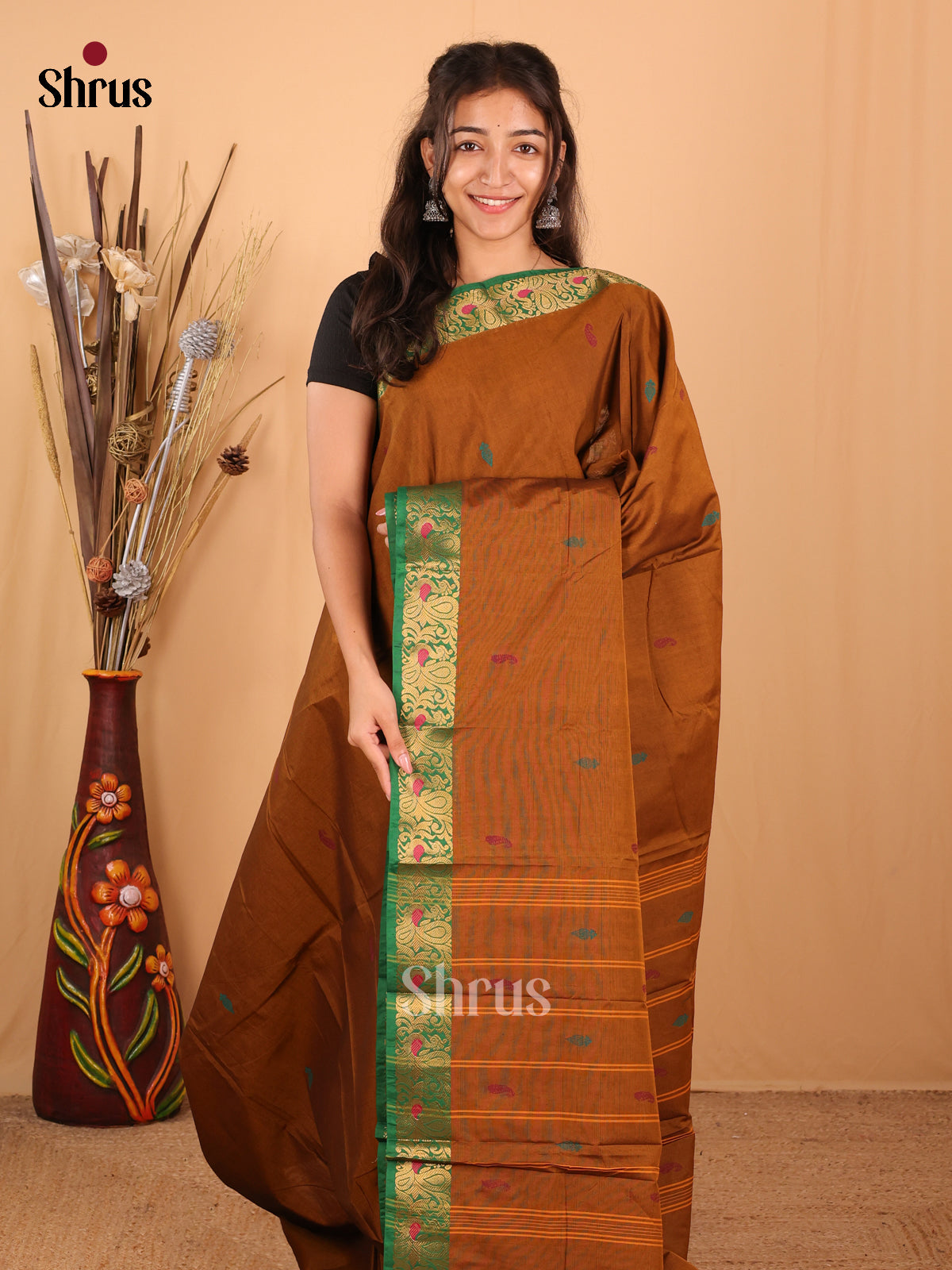 Dark Mustard & Green - Chettinad Mix Cotton Saree - Shop on Shrus.com