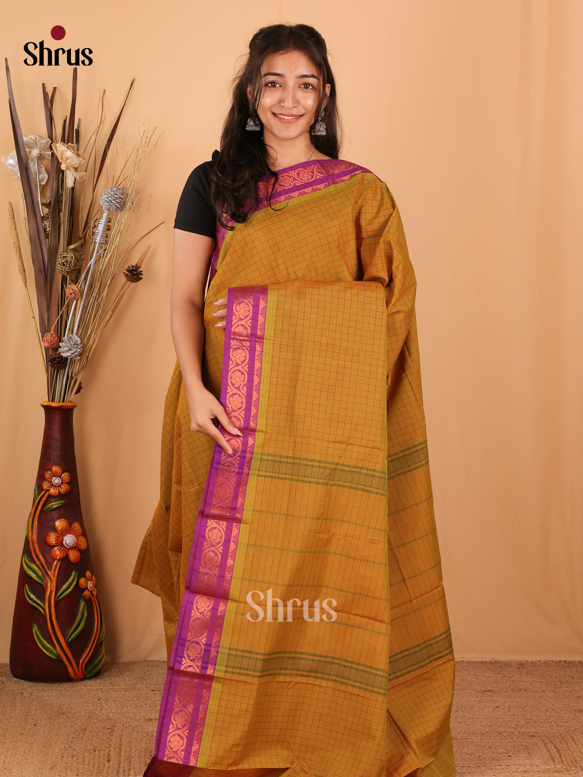 Mustard & Purple - Chettinad Mix Cotton Saree - Shop on Shrus.com