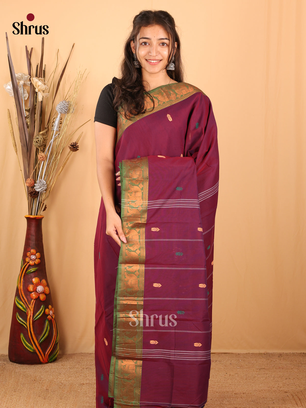 Purple & Green - Chettinad Mix Cotton Saree - Shop on Shrus.com